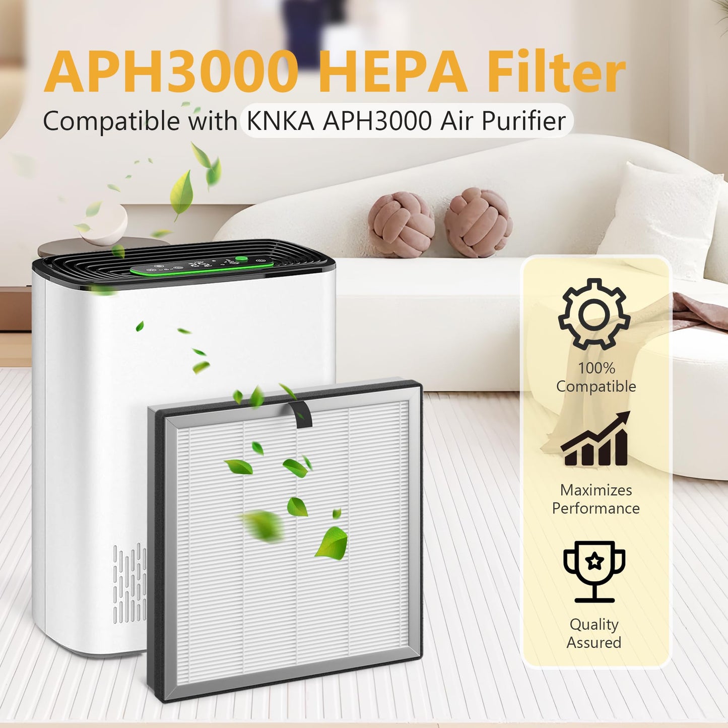 APH3000 Replacement Filter Compatible with KNKA APH3000 Air Purifier, H13 True HEPA, Activated Carbon Filter, 4 Pack