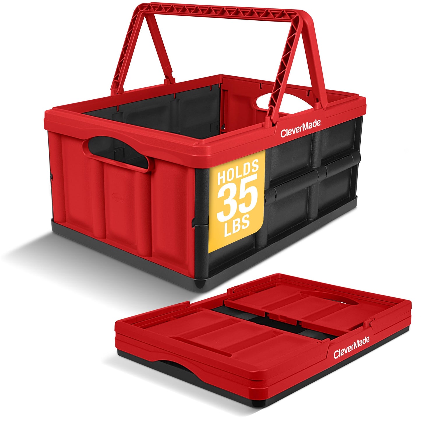 CleverMade Collapsible Shopping Basket 32L – Folding Grocery Basket with Handles, Stackable Reusable Storage Crate with 35 lb Capacity, Recycled Plastic, Car Trunk Organizer - Red