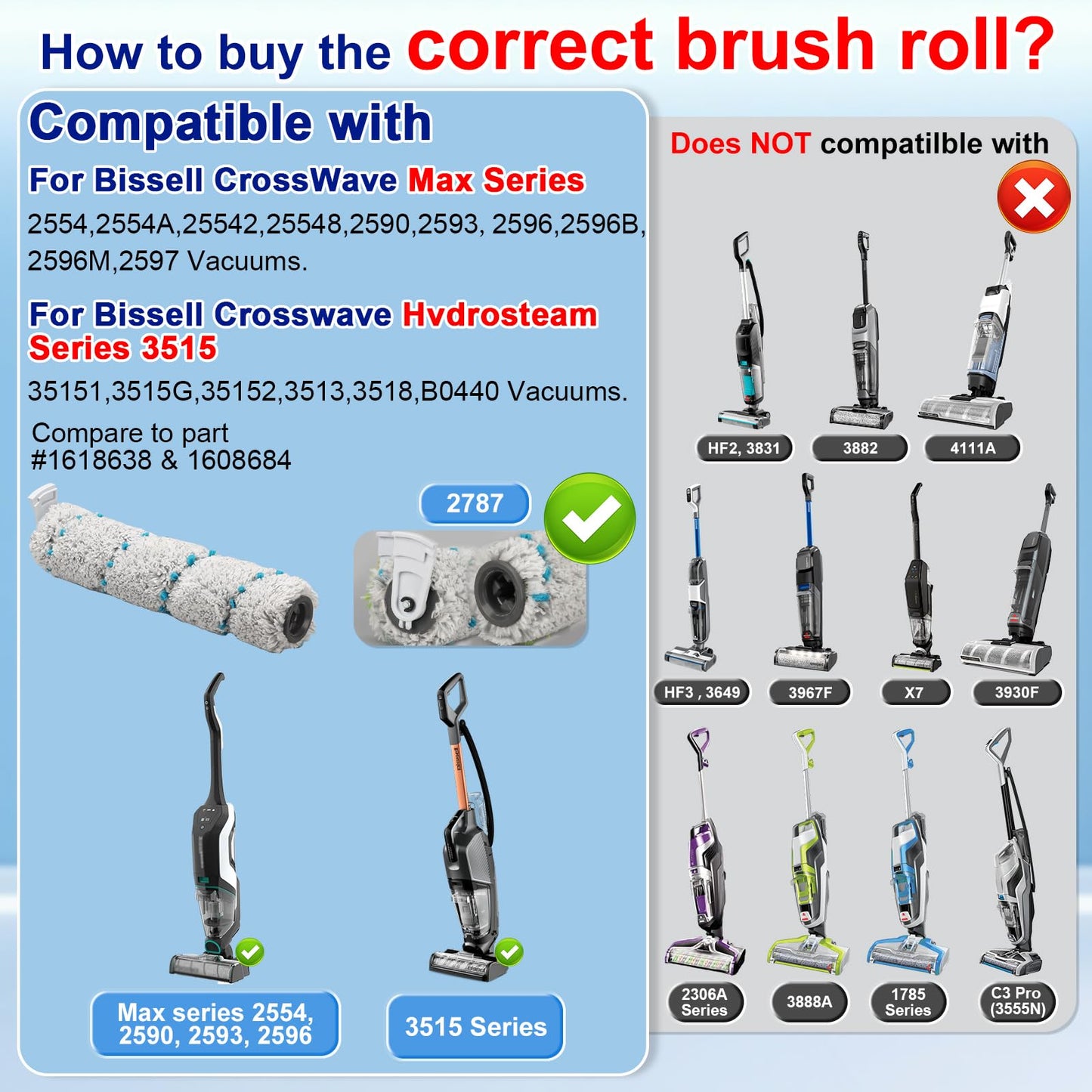 Lemige Brush and Filter Replacement Parts for Bissell CrossWave Max 2554 2590 2593 2596 for HydroSteam Plus 35151 3515 35152 3513 3518 Vacuum,3 Pack Multi-Surface Brush Rolls 2787 Vacuum Filters 1866