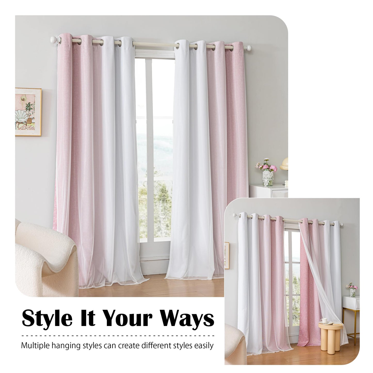 Geomoroccan Ombre 100% Blackout Curtains 84 Inches Long 2 Panels for Girls Bedroom Living Room Pink and White Double Layer Sheer Overlay Mix & Match Grommet Thermal Soundproof Drapes with Tiebacks