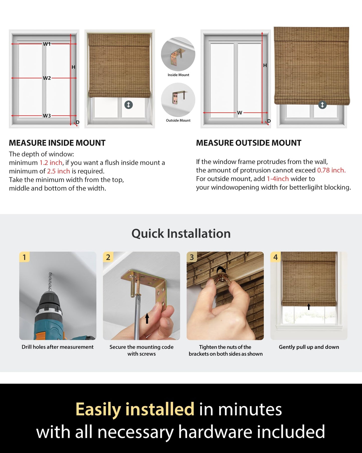 UNISHADES Cordless Bamboo Roman Shades for Windows, Blinds Size (35" W ×64" H) Colour (Highfield Teak)