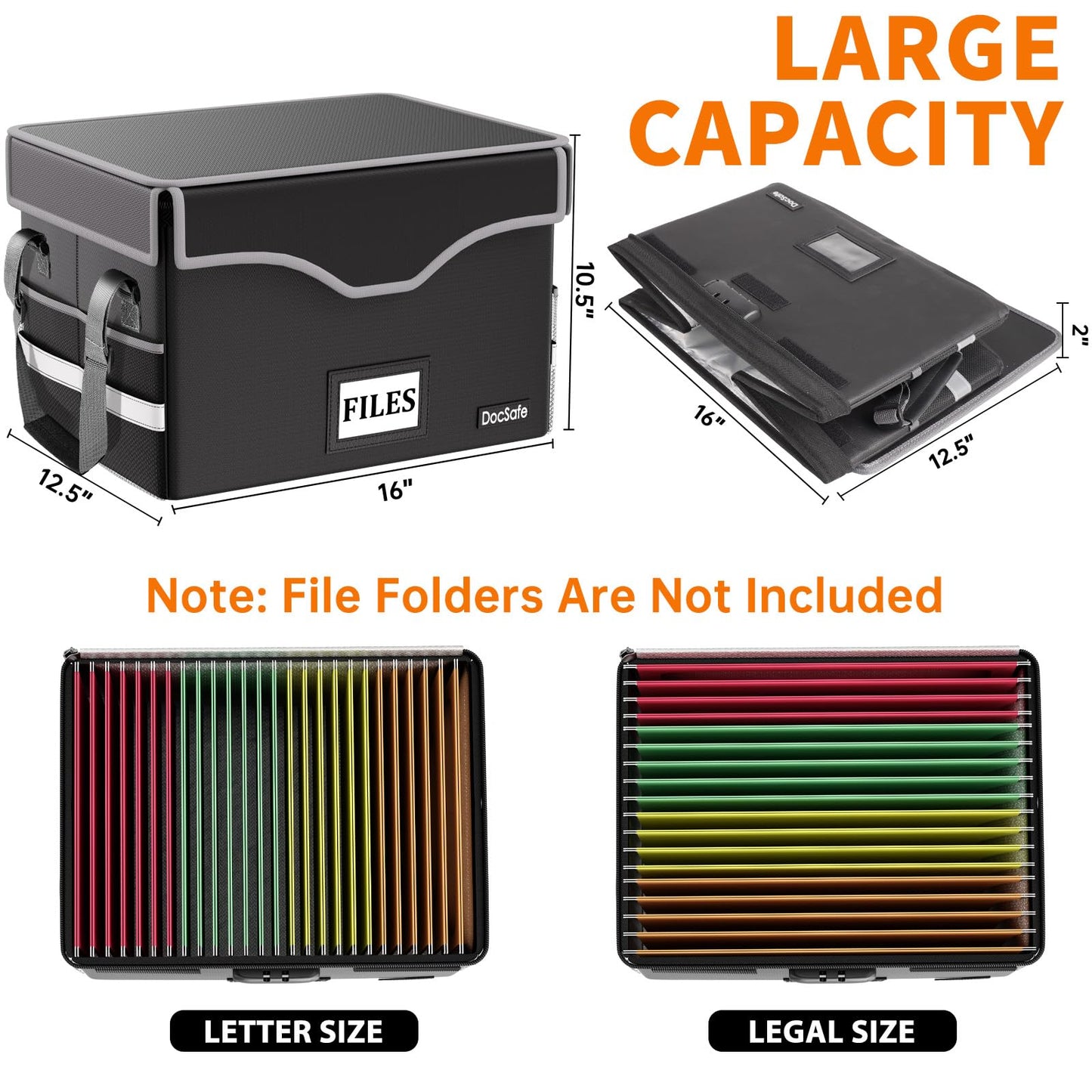 DocSafe 5200°F Fireproof Document Box with Lock,Heat Insulated File Organizer Storage with Pockets,Collapsible Portable Home Office File Safe Box with Handle for Hanging Letter/Legal Folders, Black