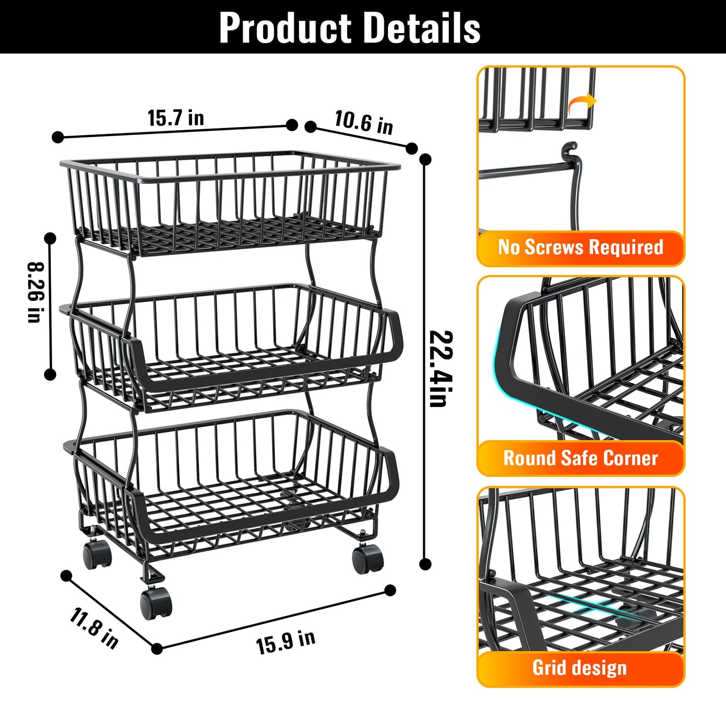 Gsiekare 3-Tier Rolling Pantry Organizer and Storage Cart with Wheels – Stackable Wire Snack Cart for Kitchen, Pantry Shelves and Storage Rack for Fruit, Vegetables, Onion, Potato (1 Pack)