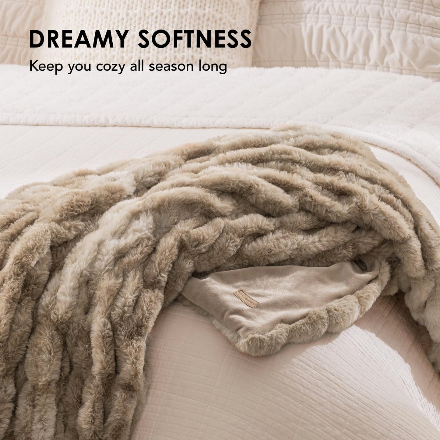EVERGRACE Luxurious Soft Faux Rabbit Fur Throw Blanket, Cozy Fuzzy Plush Warm Throws for Couch Bed Sofa Chair Home Decor, Ruched Bubble Fluffy Blanket with Reversible Velvet, 60" x 80", Beige
