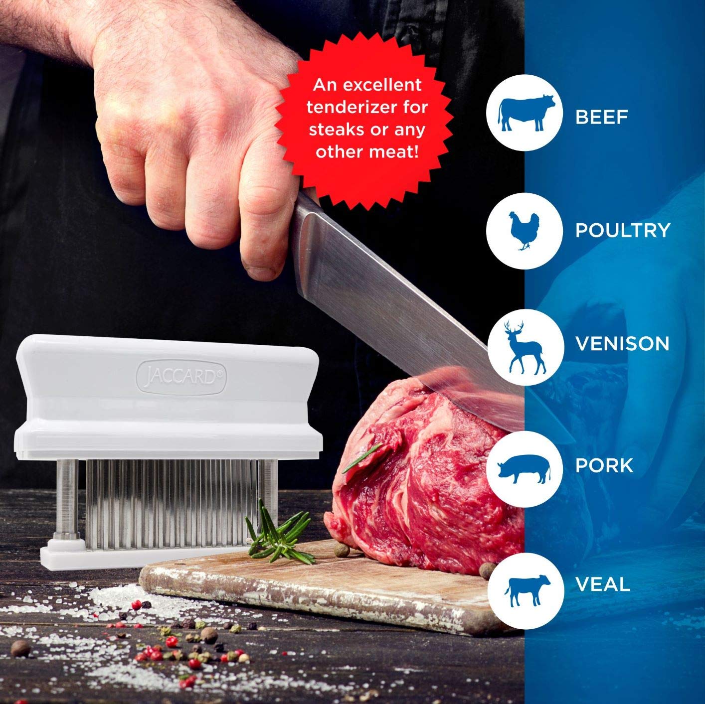 Jaccard 200348, 48 Blade Durable Meat Tenderizer with Stainless Steel Razor Sharp Needle, Cooking Gadget for Tenderizing Chicken, Beef, Pork, Veal, BBQ, White