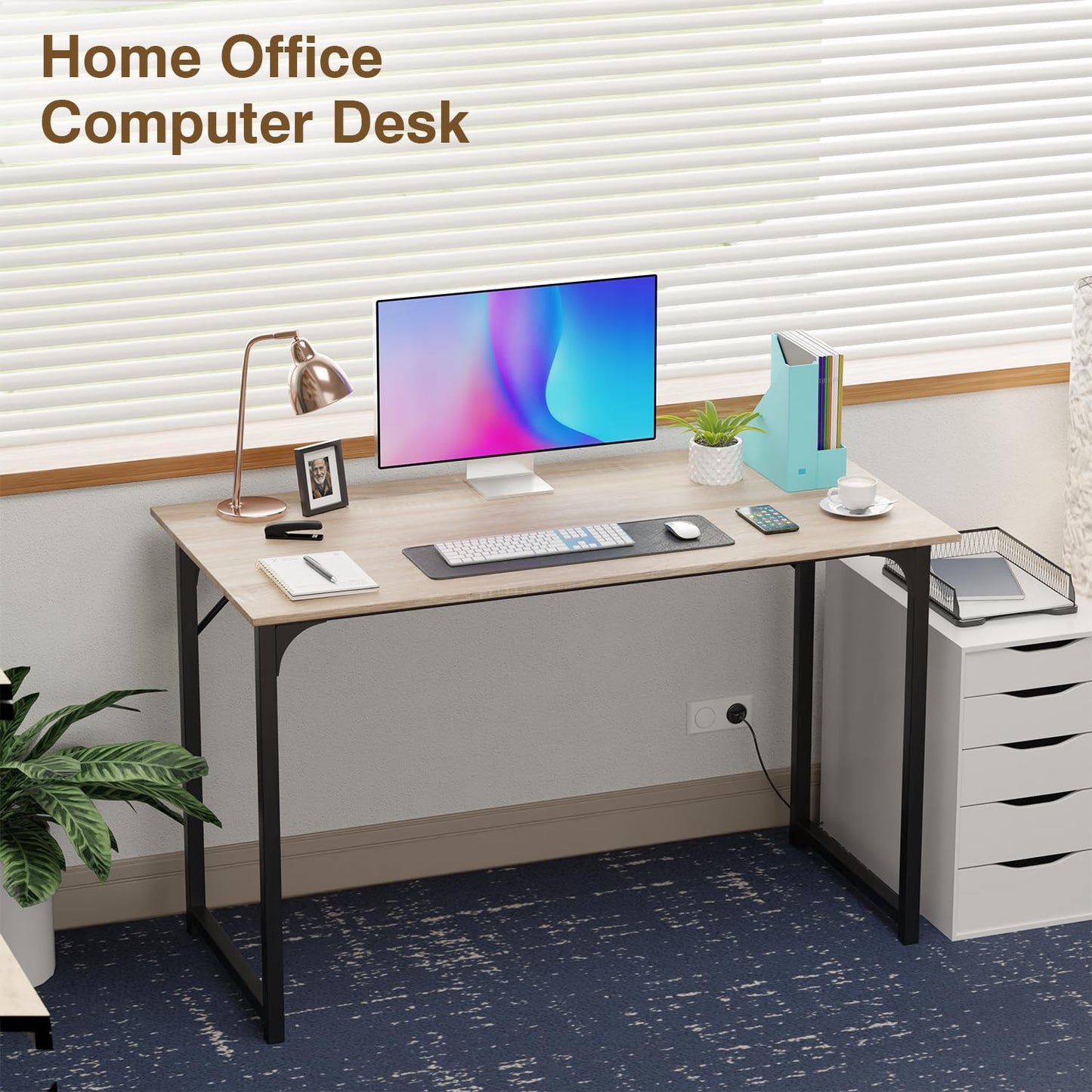 FDW 47 inches Computer Desk/Home Office Desk/Writing Study Table/Modern Simple Style PC Desk with Metal Frame,Nature