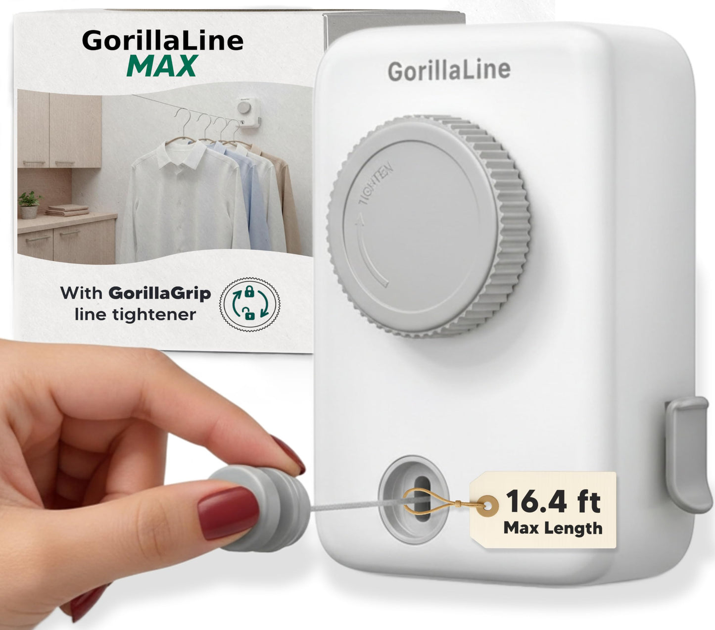 GorillaLine Max – Retractable Clothesline Indoor Outdoor, Non-Sagging Heavy Duty Clothes Drying Line, Wall Mounted Drying Rack, Air Dry Clothing, Max Tighten with GorillaGrip