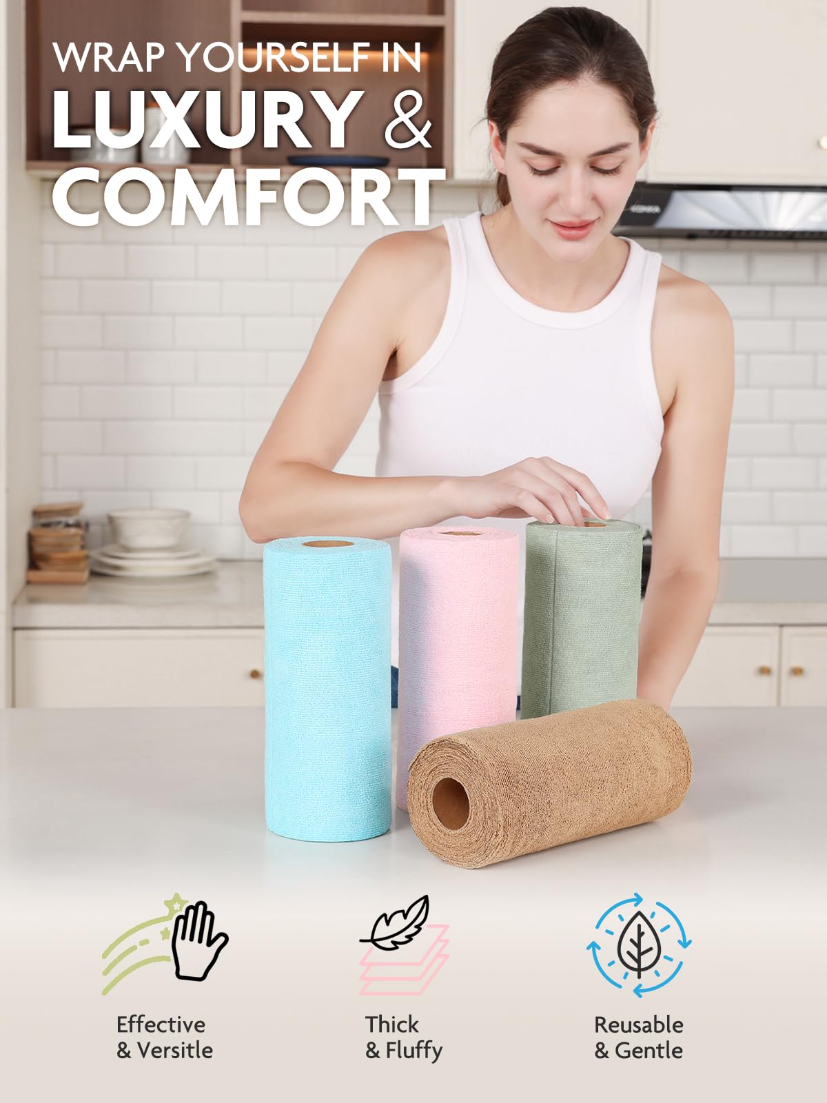 Fantasticlean Kitchen Towels - 80 Sheets - Reusable Washable Dishcloth Rolls, Super Absorbent, Premium Microfiber Cleaning Cloths, 10'' by 10'' (Pink,Blue,Tan,Moss Green)