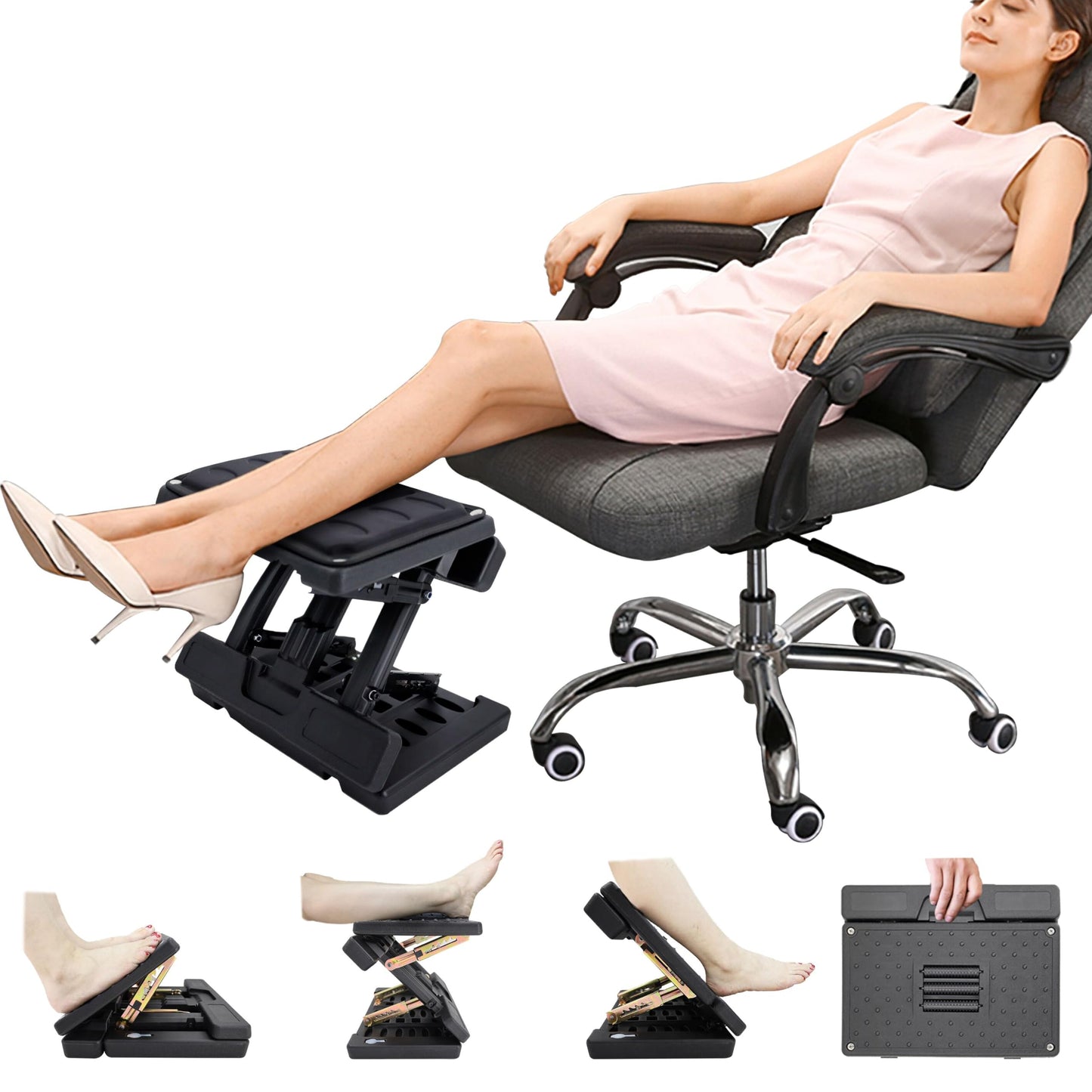 Kalnweis Under Desk Footrest - Detachable Memory Foam Cushion & Massage Roller, Tool-Free Height & Angle Adjustable Foot Stool, Ergonomic Leg Rest for Office, Home & Gaming Comfort, (Black Plus)