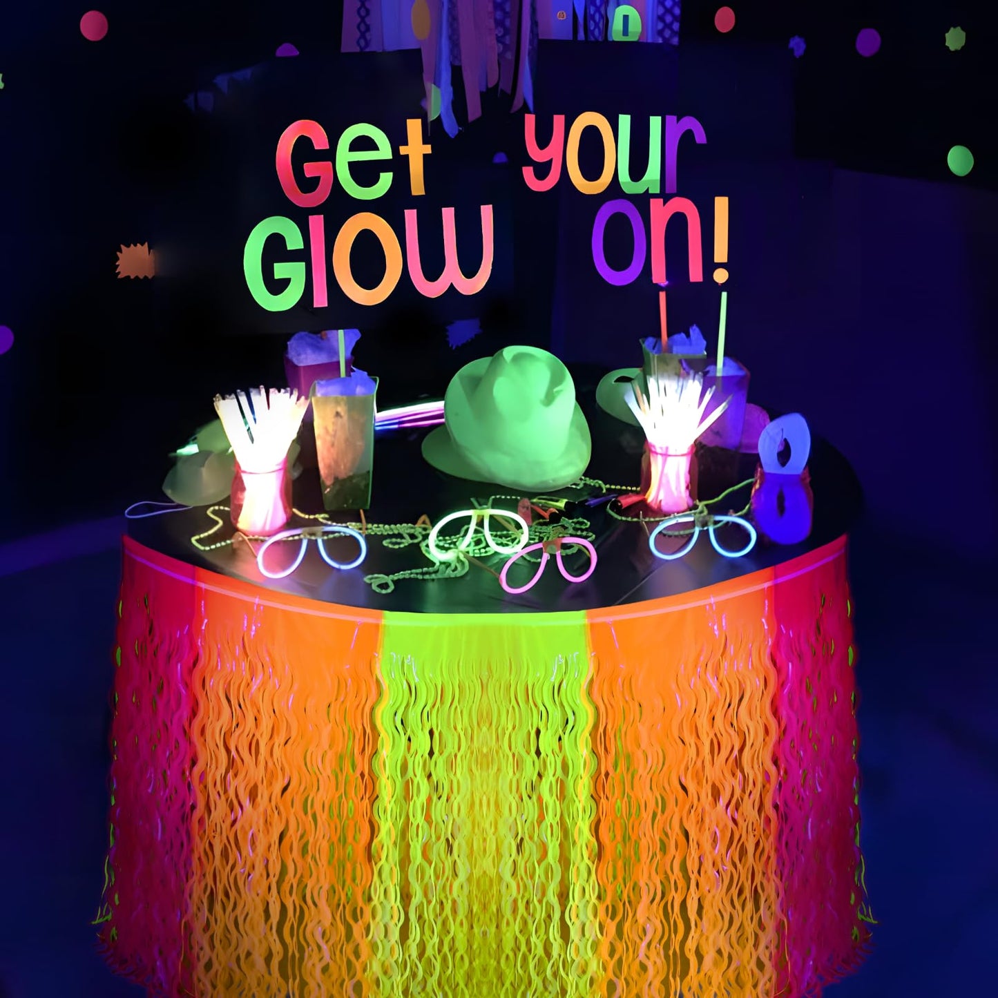 Mega-L Glow in The Dark Party Supplies, 4 Pack Neon Party Decorations Fluorescent Macaron Orange, Yellow and Fuchsia Wavy Metallic Tinsel Foil Fringe Table Skirt, Perfect Glow Birthday Party Decor