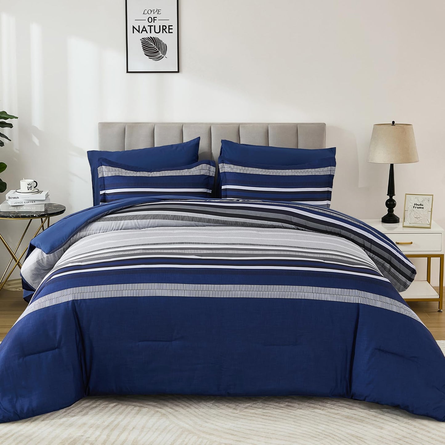 Dobuyly Navy Blue Comforter Full Size Set 7 Pieces, Boho Striped Bed in a Bag Full Soft Microfiber All Season Bedding Set with Comforter, Sheets, Pillowcases & Shams