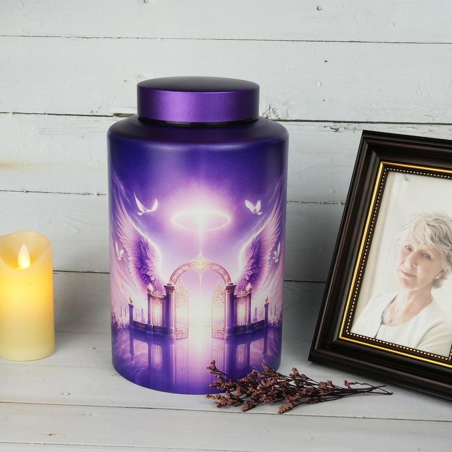 Large Stainless Steel Urns for Adult Human Male Female Ashes, Decorative Funeral Cremation Urn for Women Man Remains, Waterproof Keepsake Memorial Ash Box for Home Decor,Burial(Gate of Heaven)