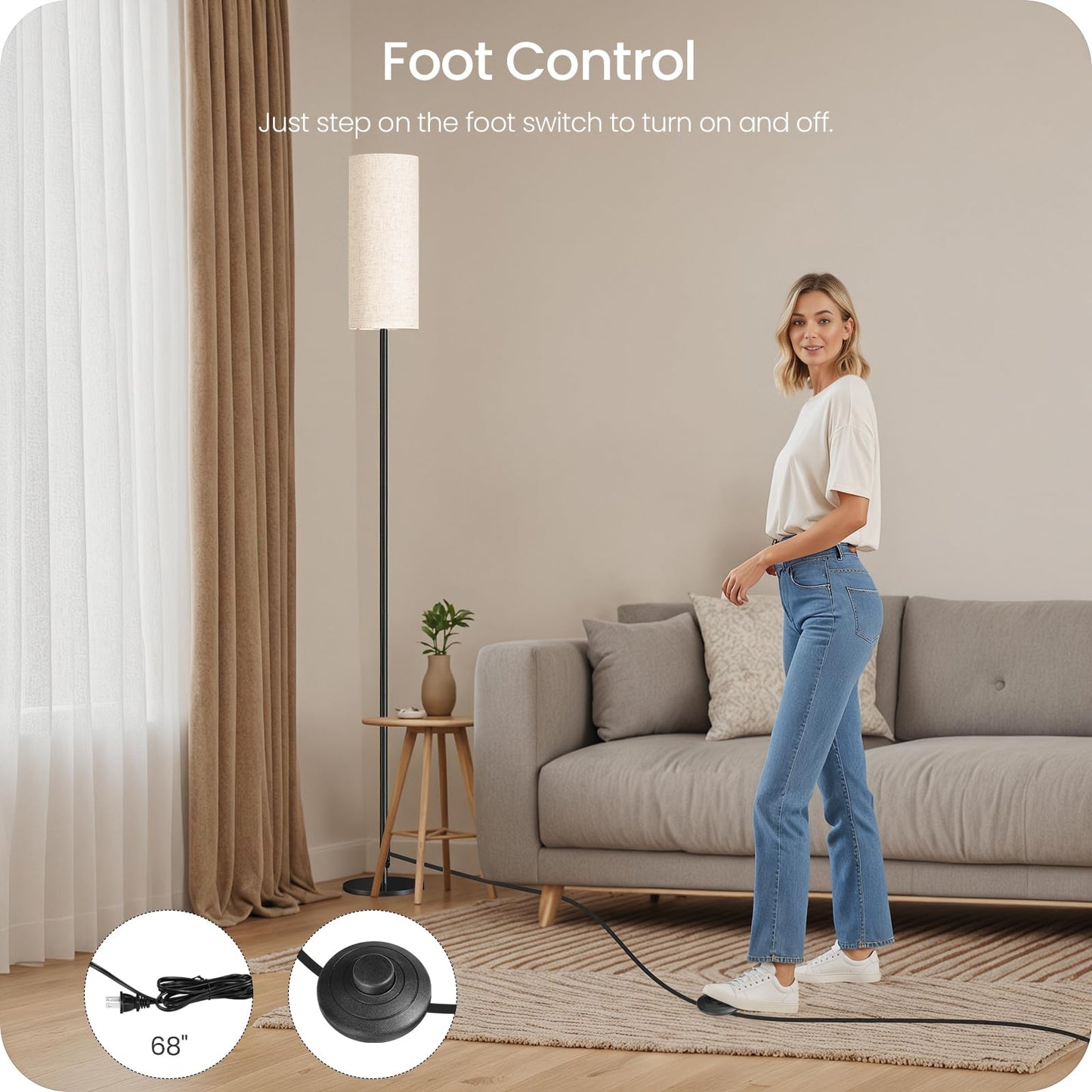 GOEBLESON Set of 2 Dimmable Floor Lamps for Living Room with 2 Remotes and Foot Switch, 64.4”Modern Standing Tall Lamp, Corner Lamp for Bedroom, Bulb Included, 3000K-6500K, Beige Shade E06LDP205W1