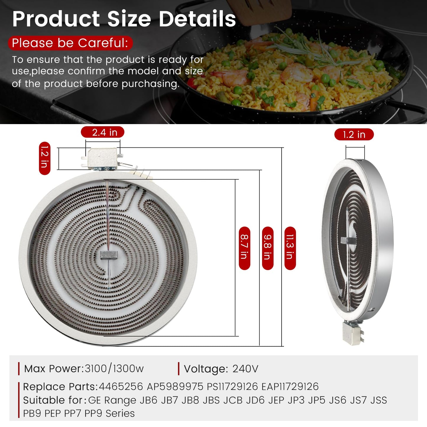 Puxyblue 𝟮𝟬𝟮𝟲 𝙐𝙥𝙜𝙧𝙖𝙙𝙚𝙙 WB30X24111 9-In Dual Range Radiant Surface Element Compatible with GE Range Radiant Element 9 Glass Cooktop Radiant Element(3100W 240V) 4465256 AP5989975 PS11729126