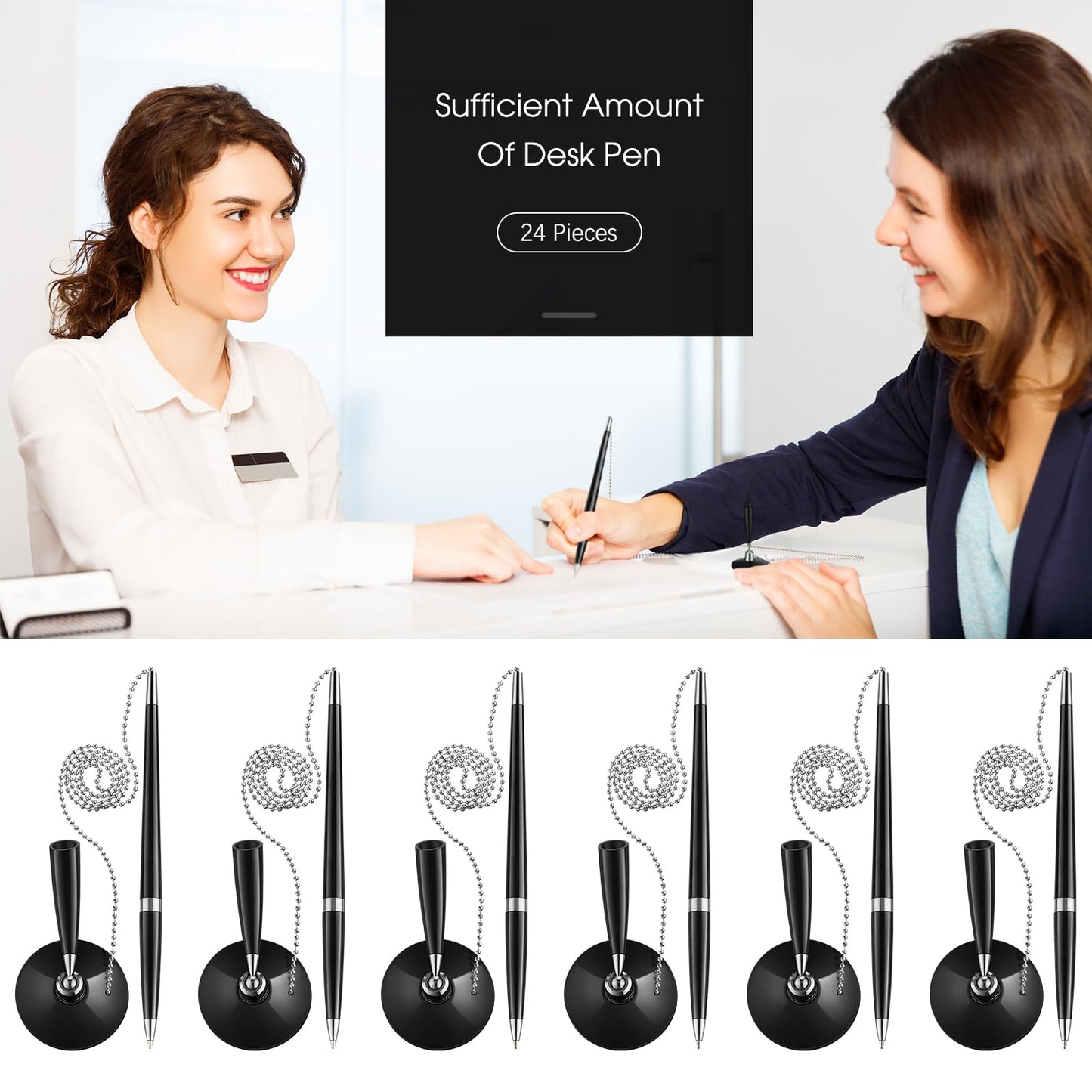Zonon 24 Pieces Secure Pen with Chain Security Pen Holder Counter with Adhesive Chain and Base Black Ink for Reception Office Bank Work Hotel Lobbies Retail Stores Home Back to School Supplies