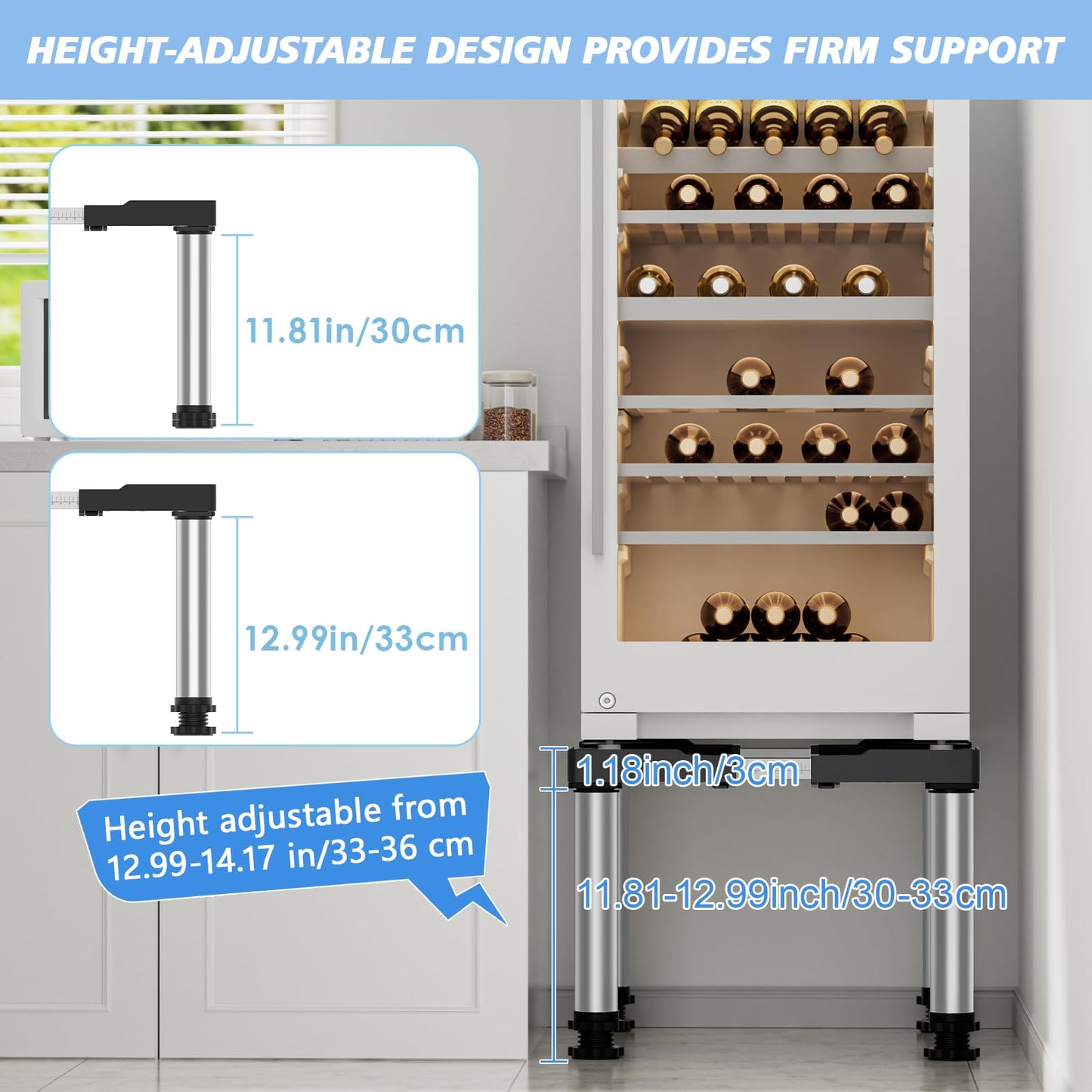 Mini Fridge Stand Height 13"-14.2" Adjustable Refrigerator Washing Machine Stand Base with 4 Strong Feet Anti-Vibration Washer Dryer Stand Laundry Pedestal Universal Appliance Stand Load 660LB-Black