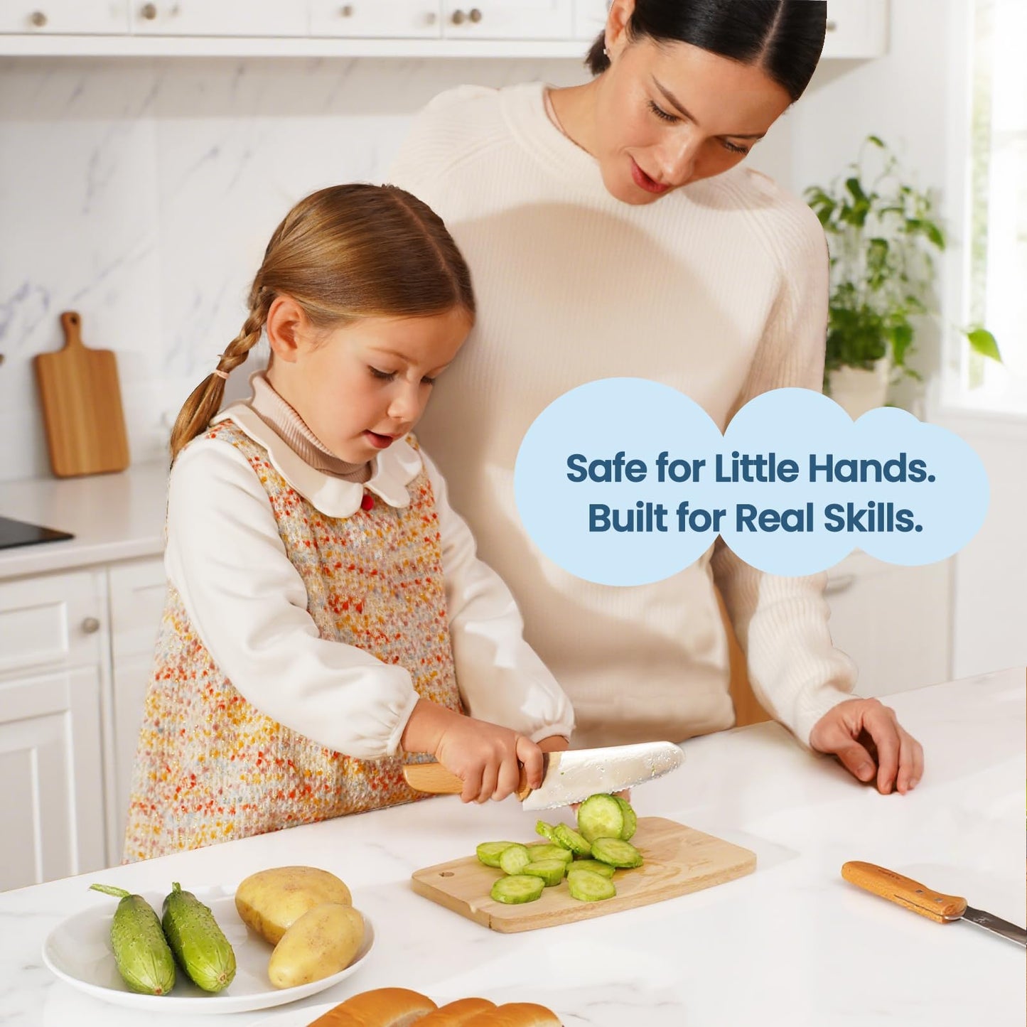 Kibbidea Kids Knife Set for Real Cooking, 4pcs Safe Kitchen Knives for Beginners, Food-grade Stainless Steel Blades for Cutting Chopping, Child First Starter knife, BPA-free (Silver)