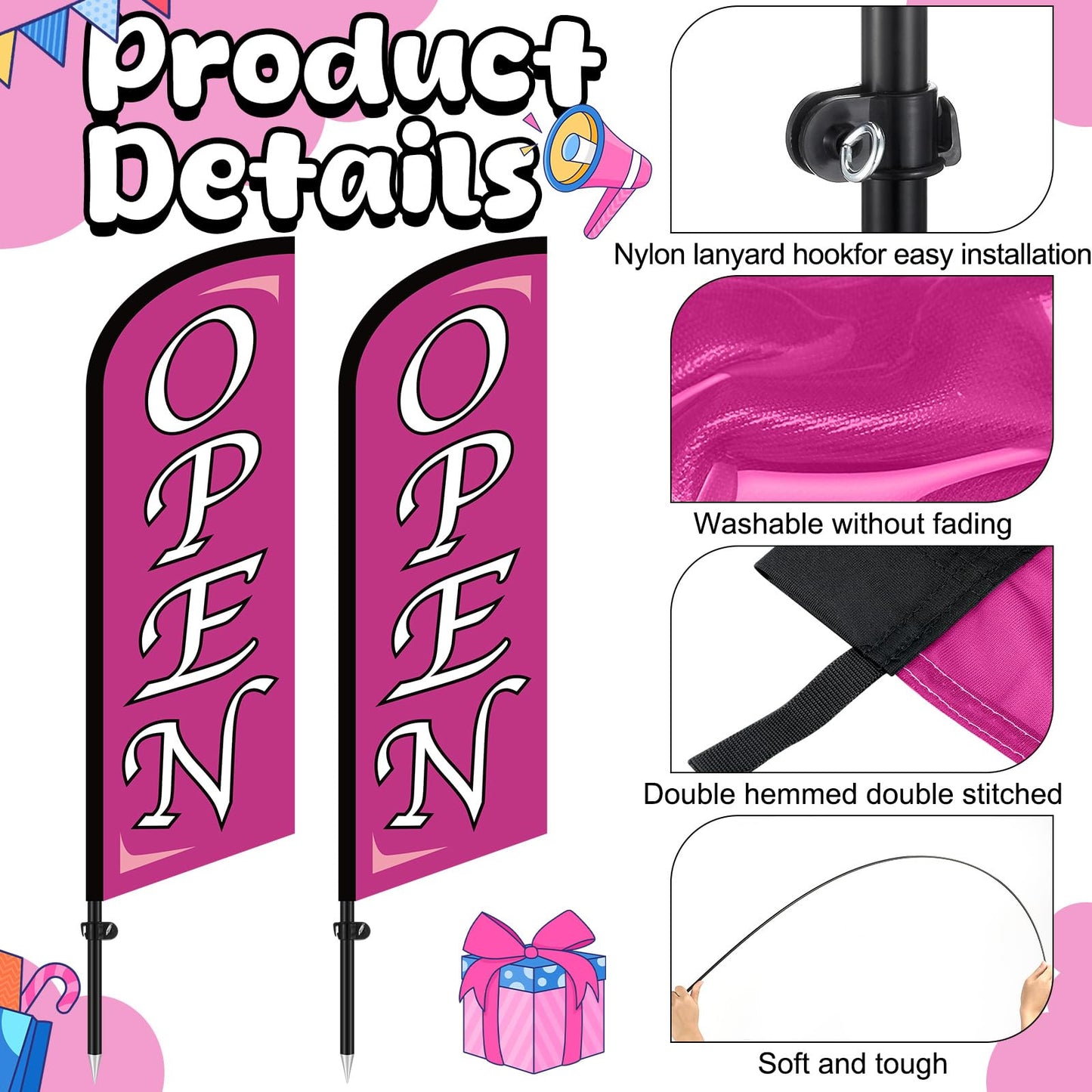 Tegeme 2 Sets Open Windless Swooper Flag 8.2 ft Open Feather Banner Sign, Complete Advertising Flag Kit with Pole and Fiberglass Ground Stake for Outdoor Business, Events, Yard, Storefront