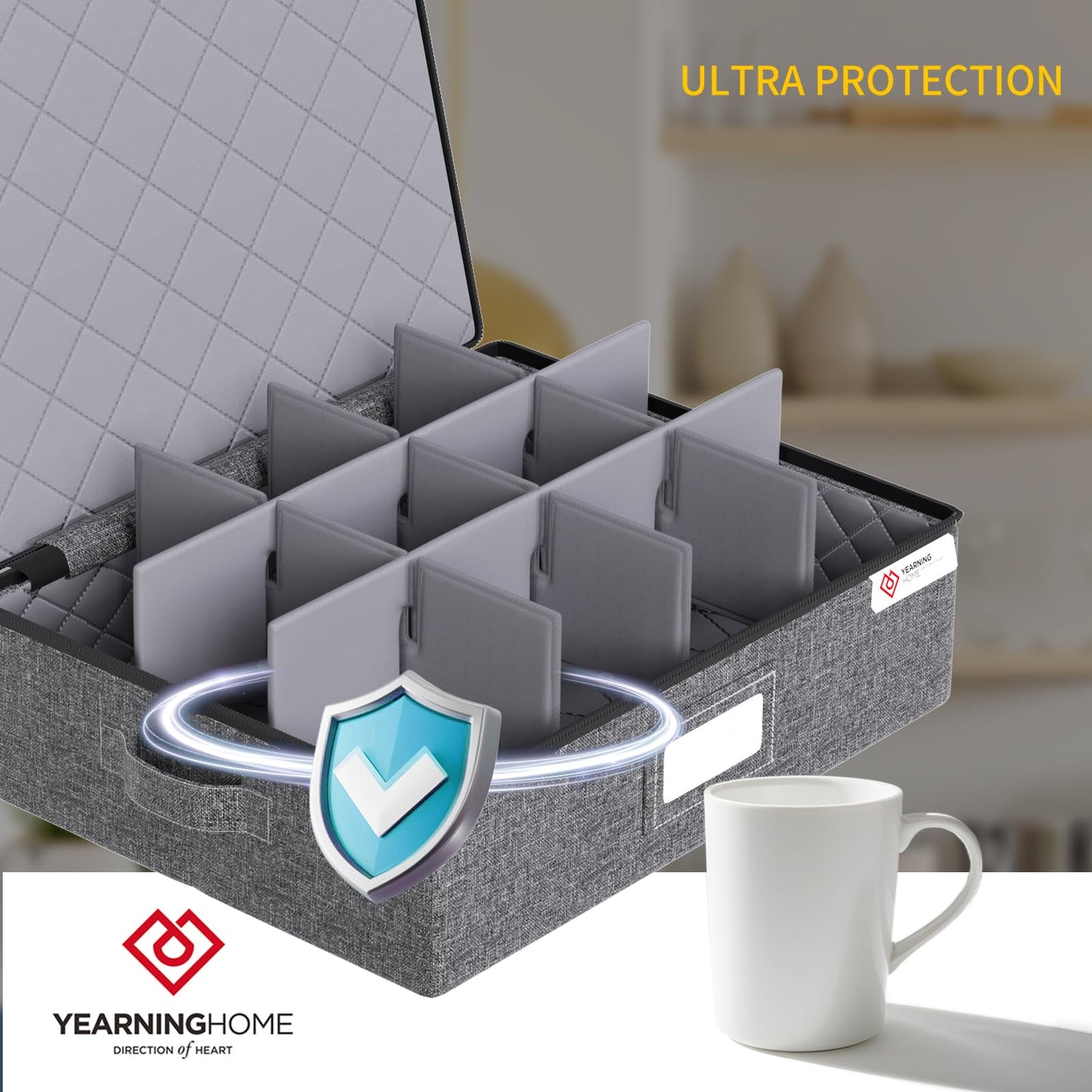 YearningHome Cup and Mug Storage Box with Hard Shell and Dividers for Coffee Mugs,Tea Cups and Glasses,Stackable Storage Organizers with Lid,Handles,Zips and Lable for Moving,Holds 12,2 Pack, Grey