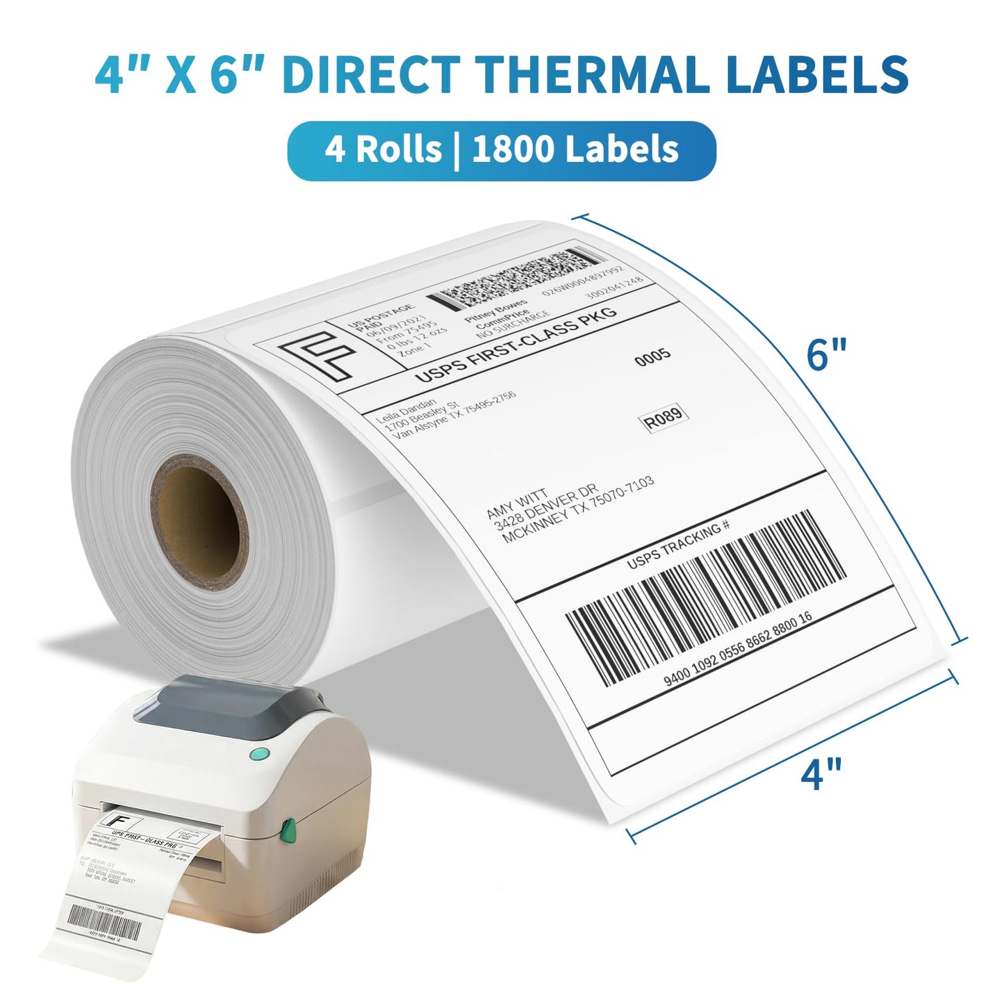 9527 Product 4x6 Direct Thermal Shipping Labels for Zebra 2844 ZP-450 ZP-500 ZP-505,Blank,450 Labels/Roll, 1" Core,Total 4 Rolls