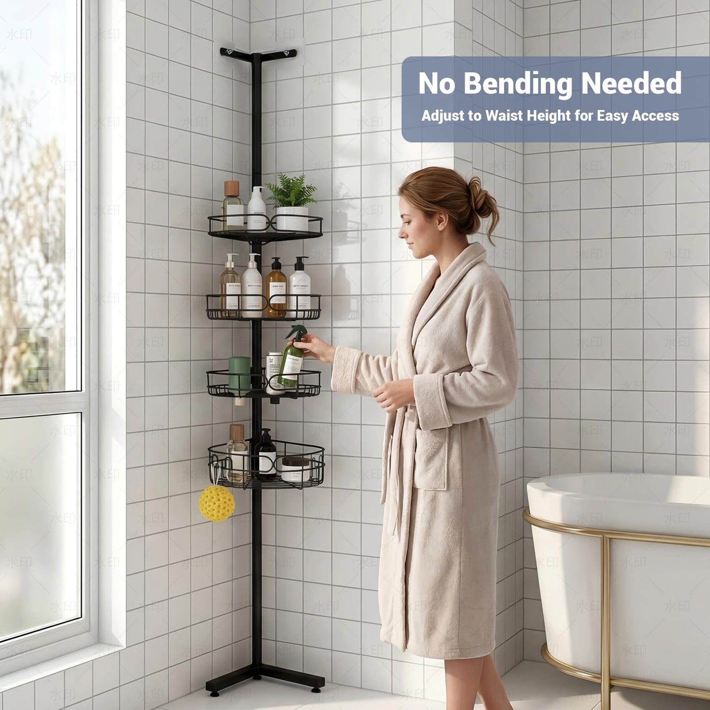 Marovitax Standing Shower Caddy Corner, 4-Tier Adjustable Height Bathroom Organizer, 6-Section Pole, Sturdy Floor Standing Shelf for Shower or Bathtub – No Drilling, No Spring Tension