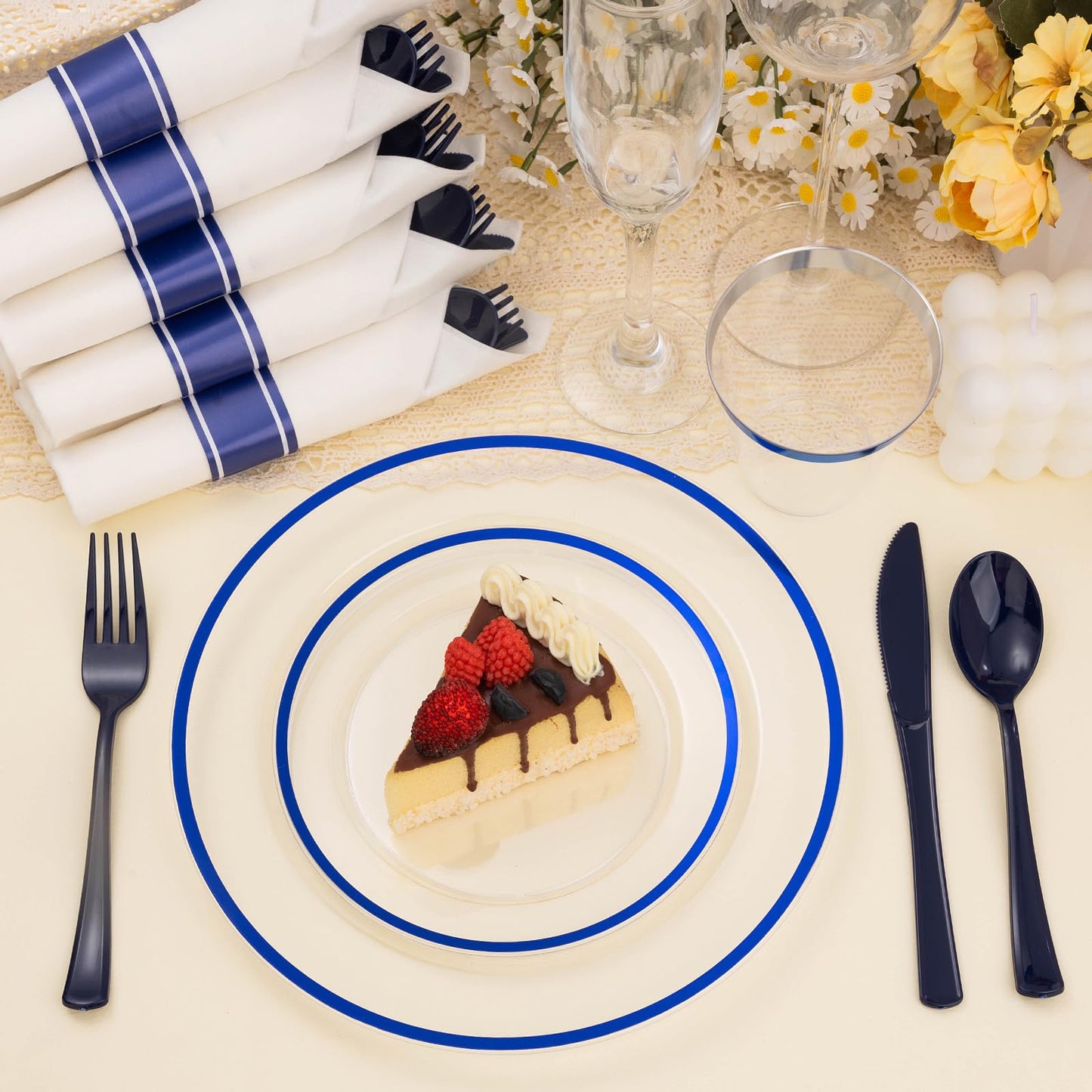 BESTSTAR 350PCS Clear and Blue Disposable Plates Set for 50 Guests, 100 Plastic Plates, 50 Cups, 50 Pre-Rolled Napkins with Plastic Cutlery for Graduation Party, Birthday, Thanksgiving, Christmas