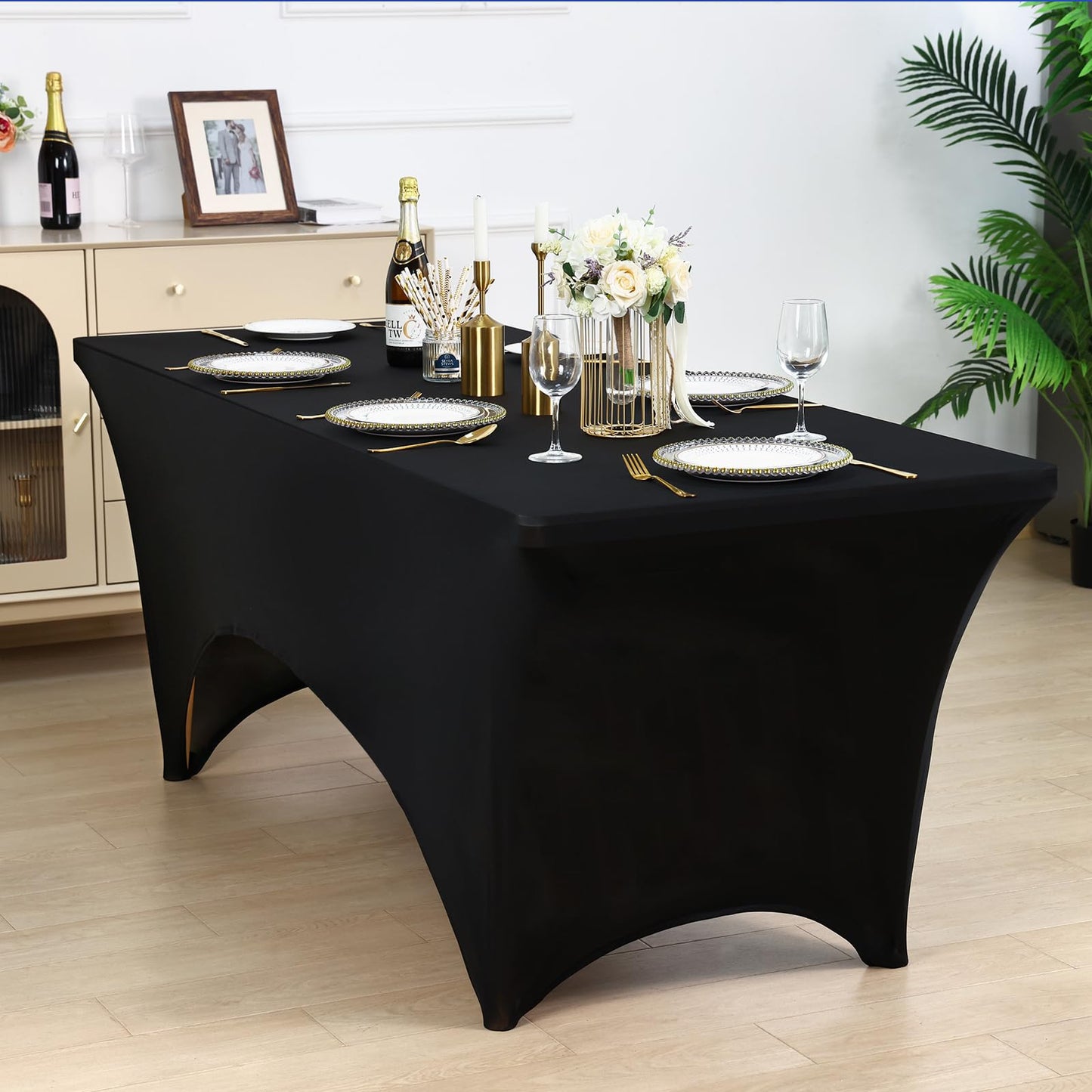 Fixwal 3 Pack Black Tablecloth Rectangle 8Ft, Stretch Spandex Fitted Table Cover for Party, Trade Show, Wedding, Buffet, Graduation, Vendor Stand