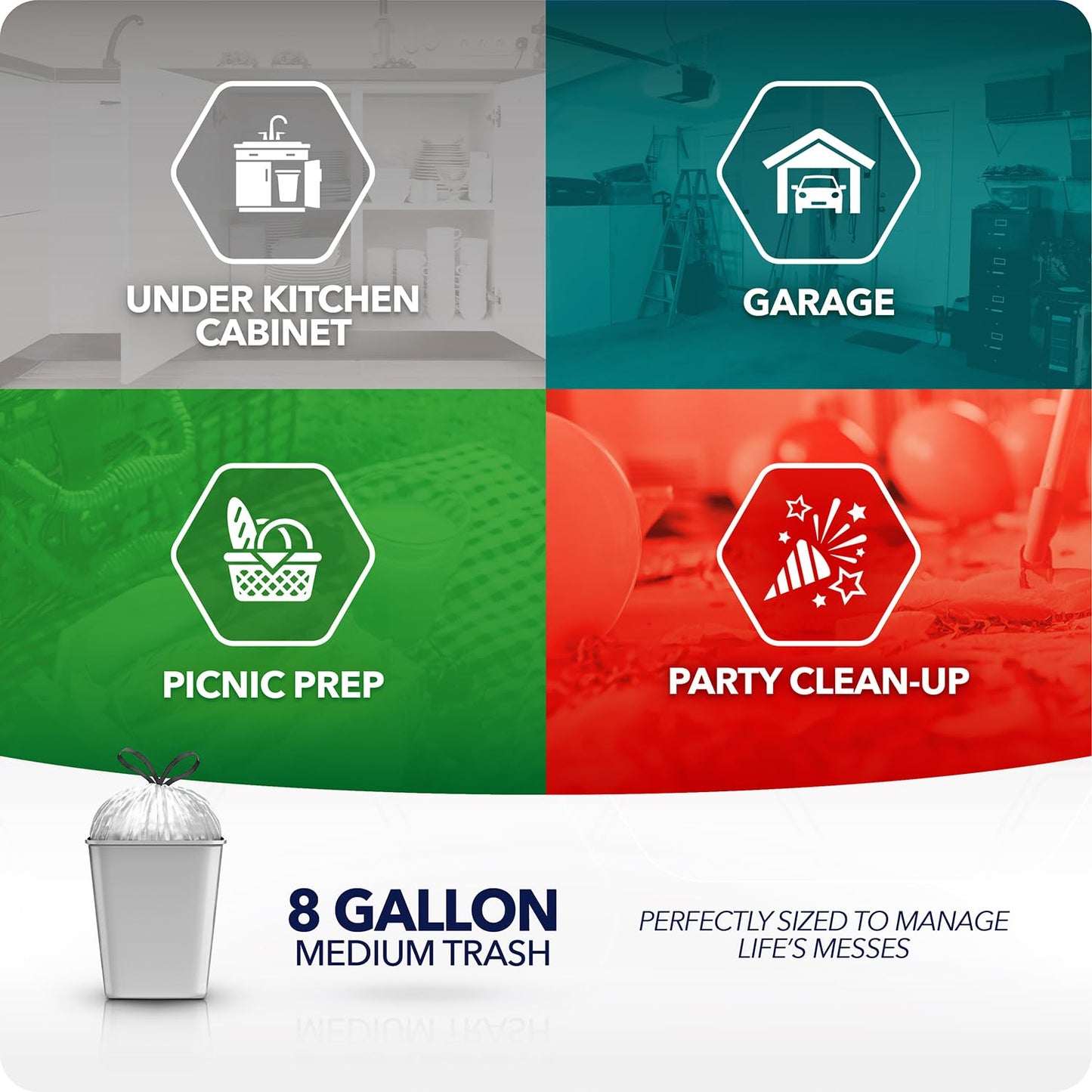 Color Scents Medium Trash Bags - 8 Gallon, 200 Total Bags (8 Packs of 25 Count), Drawstring - Silver Bag in Simply Clean Scent with Microban
