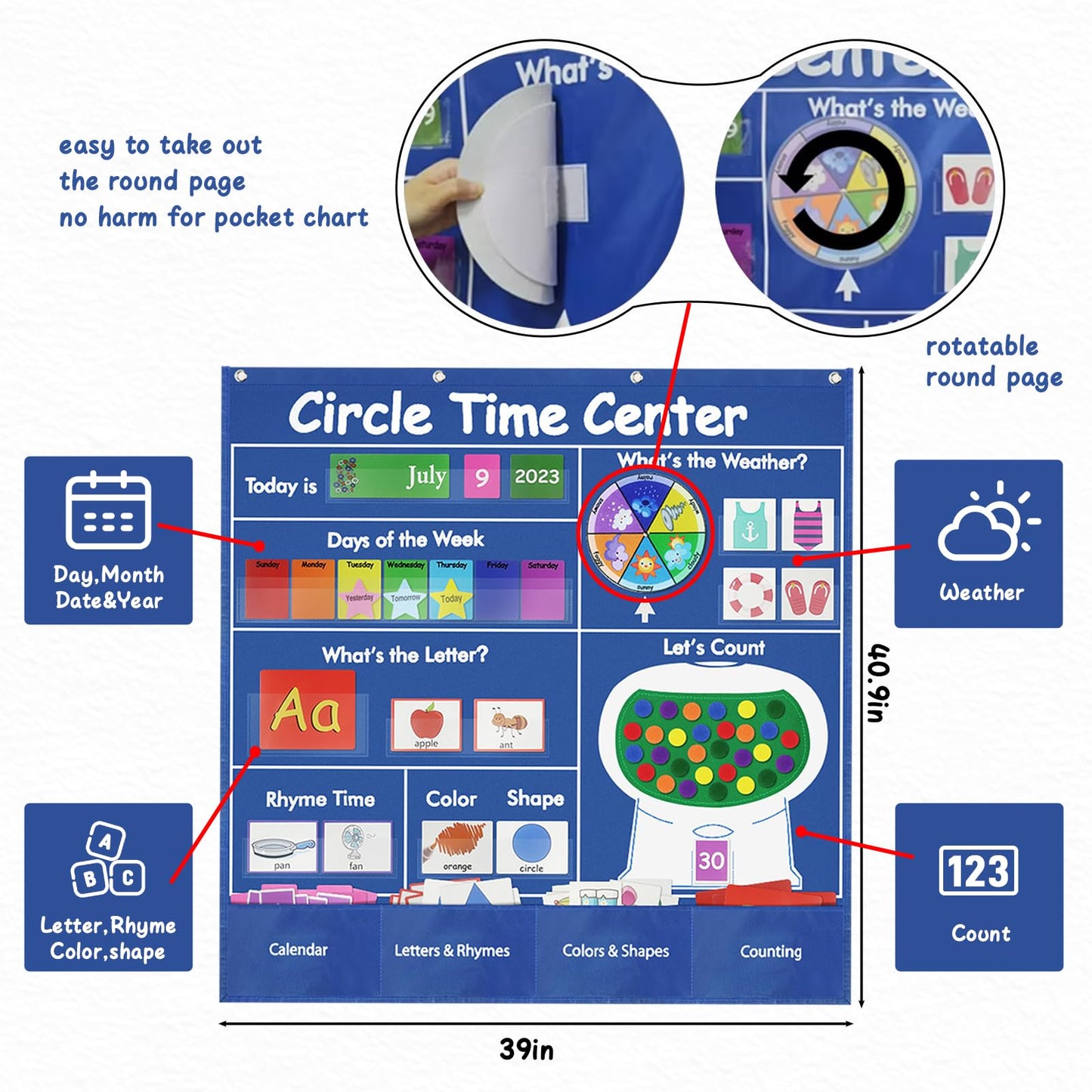 Circle Time Learning Center-Montessori Toy for 3 4 5 Year Old Pocket Chart Calendar Set Learning Calendar Weather,Alphabet,Counting Number,Color,Classroom Calendar Pocket Chart for Homeschool Supplies