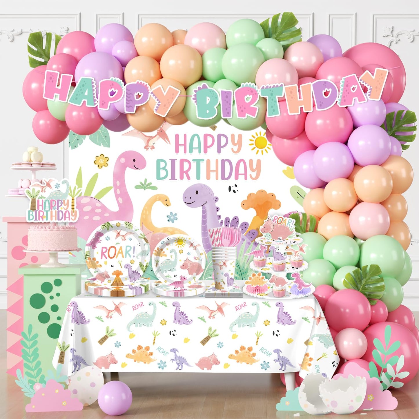 Fexivo 293pcs Pink Dinosaur Birthday Decorations for Girl, Worry-free One-stop Set for 25 Guests, with Dinosaur Balloon Arch, Plates and Dino Cupcake Stand, Easy Setup for Dinosaur-Themed Party