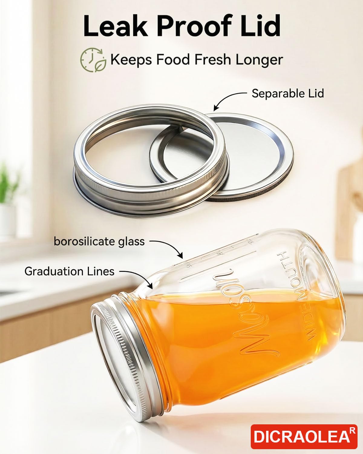 DicraoLea 12 Pack 32 OZ Glass Food Storage Jars with Separable Airtight Lids, Wide Mouth Mason Jars for Pickling, Fermentation, Canning, Microwave & Dishwasher Safe