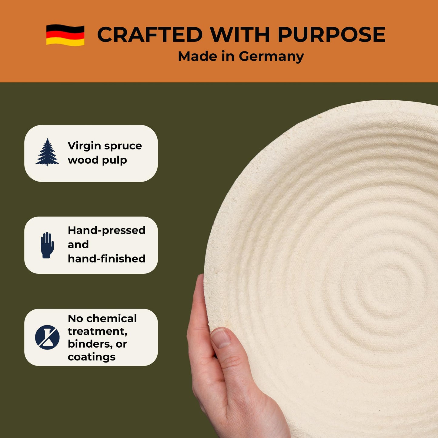 Bulka Large Round 9" 1kg Groove Banneton Bread Proofing Basket Pressed Wood Pulp, Sourdough Proofing Basket - Non-Stick Bread Proofing Bowl Sourdough Bread Baking Supplies, Made in Germany.