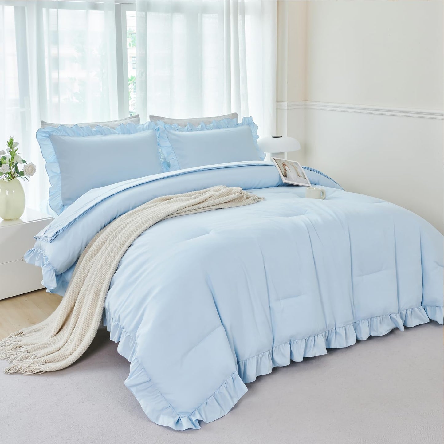 ANGIYUIN Light Blue Ruffle Girls Comforter Set Twin Size 5 Pieces Ruffled Farmhouse Bed in A Bag Solid Boho Bedding Comforter Sets Soft Fluffy Bed Sets for Kids Girl(Light Blue Twin)
