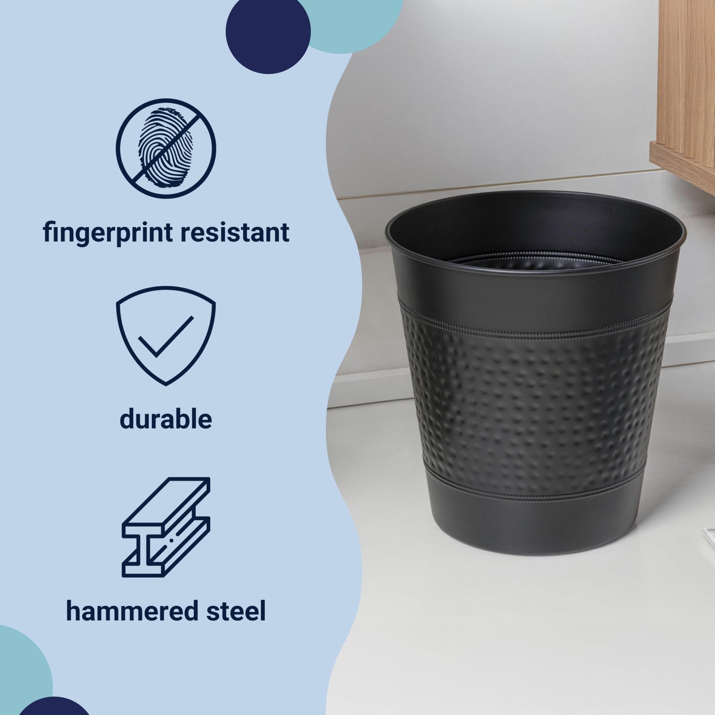 happimess HPM1111A Riley Modern Classic Hammered Steel Accent 2-Gallon Wastebasket for Home, Bathroom, Living Room, Office, Bedroom, Kitchen, Matte Black