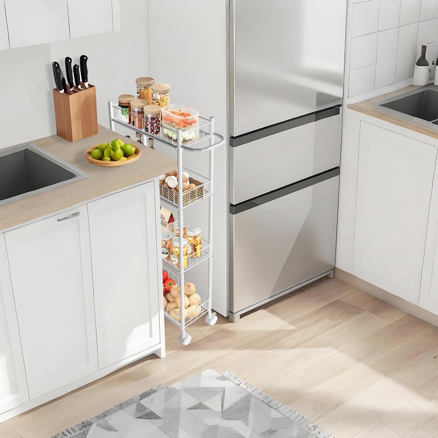 Utility Slim Storage Cart, 4-Tier Storage Cart, Narrow Cart with Handle, 7.1 Inches Deep, Metal Frame, for Kitchen, Dining Room, Living Room, Home Office, Rustic Brown and Classic (4 Tier White)