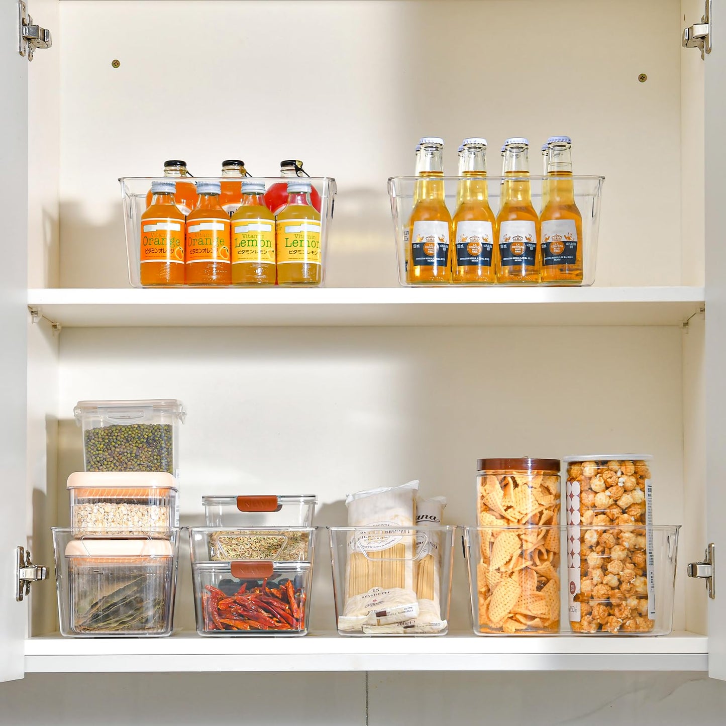 12 Pack Middle Organizers and Storage, Pantry Organization and Storage Bins, Cabinet Organizer, Clear Plastic Storage Containers with Handle，Acrylic Storage Bins for Cabinet, Fridge