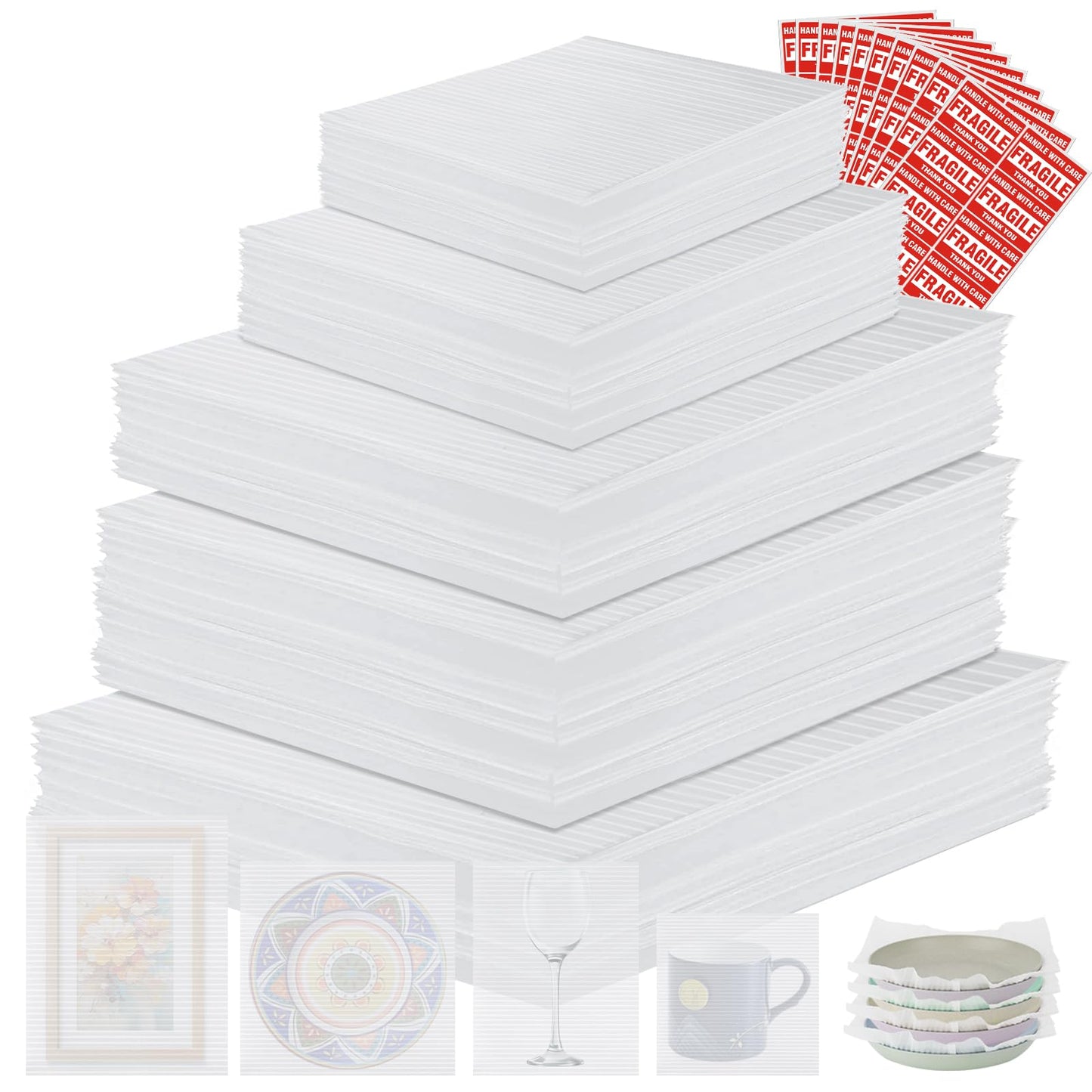 400PCS Dish Packing Supplies for Moving,300 Cushioning Foam Pouches and Sheets,4 Sizes(16"x12",12"x12",12"x7.8",7.8"x7.8") with 100 Fragile Stickers,Packaging Foam for Protect Dishes Glasses Storage