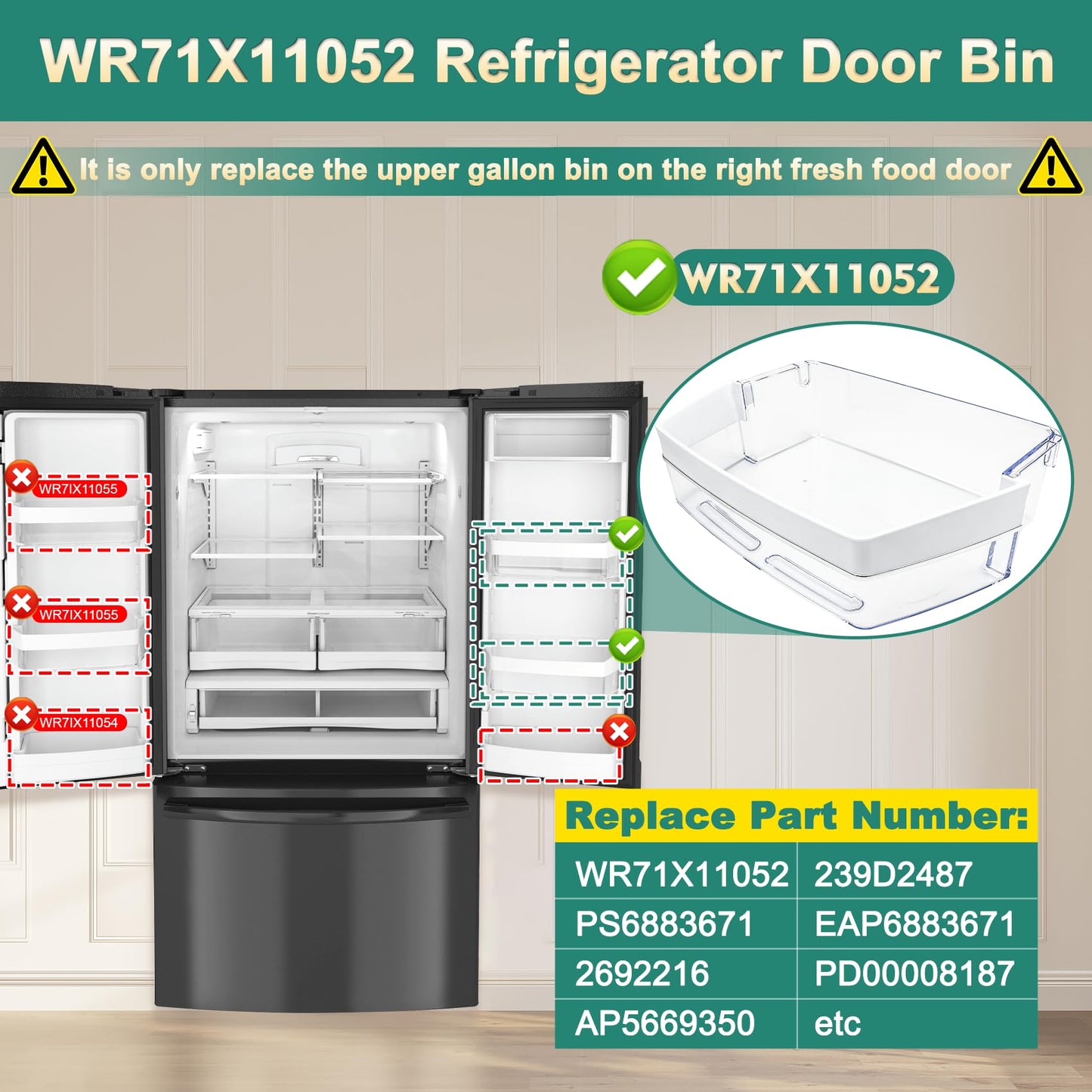 Upgraded WR71X11052, PS6883671 Gallon Door Bin Compatible with ge Refrigerator(some models): DFE28JSKFSS, GFE26GMKFES, GFE28GYNJFS, GWE23GYNHFS etc, Replaces AP5669350, 239D2487, 2692216 etc