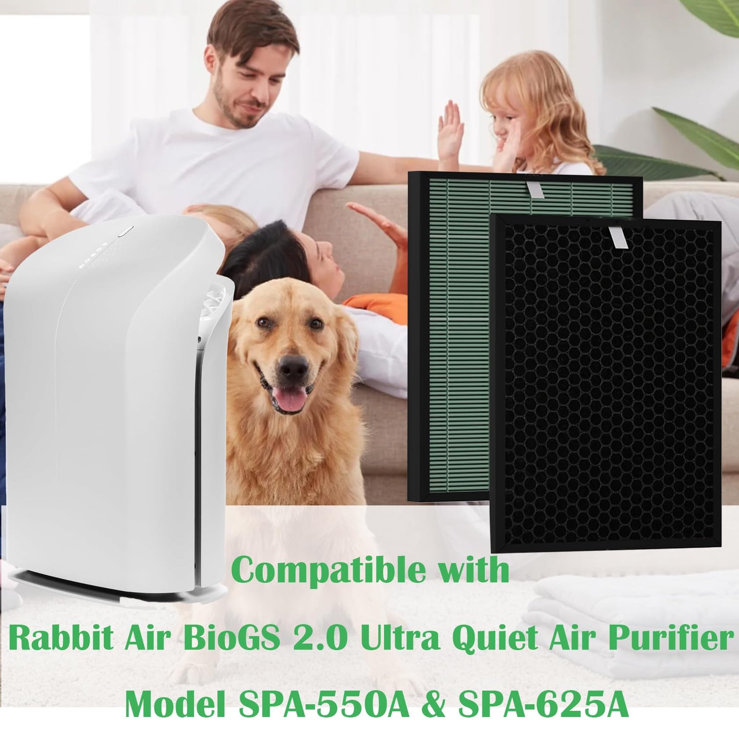 BioGS 2.0 Replacement Filter Kit Compatible with Rabbit Air SPA-550A & SPA-625A – 2 Set HEPA & Activated Carbon Filters | Captures Dust Odors for Home Large Room Pet Owner – 12–18 Month Supply