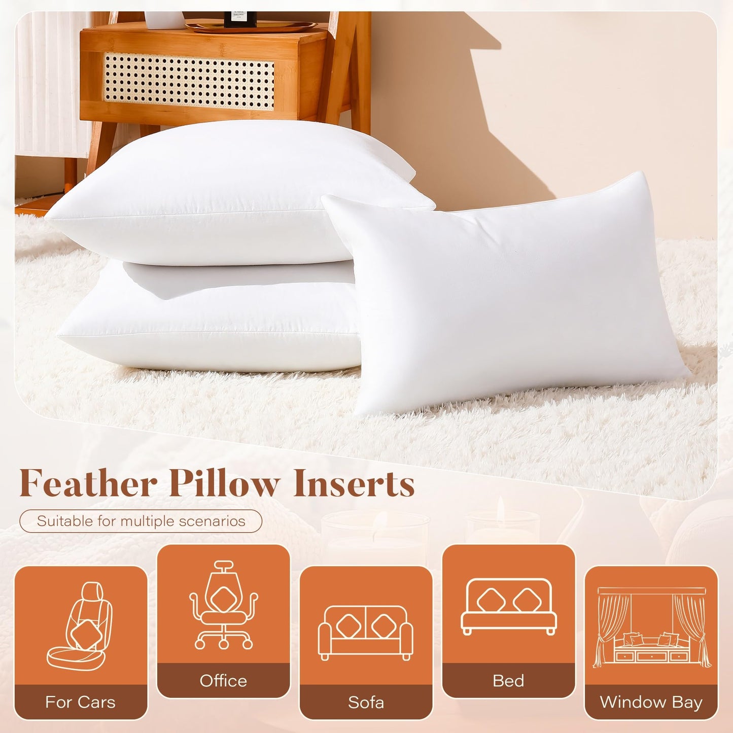 DOWNSTORIA 24x24 Euro Pillow Inserts Pack of 2, Decorative Feather Down Pillows with 100% Coton Cover,Throw Pillow for Bed, Couch and Sofa.