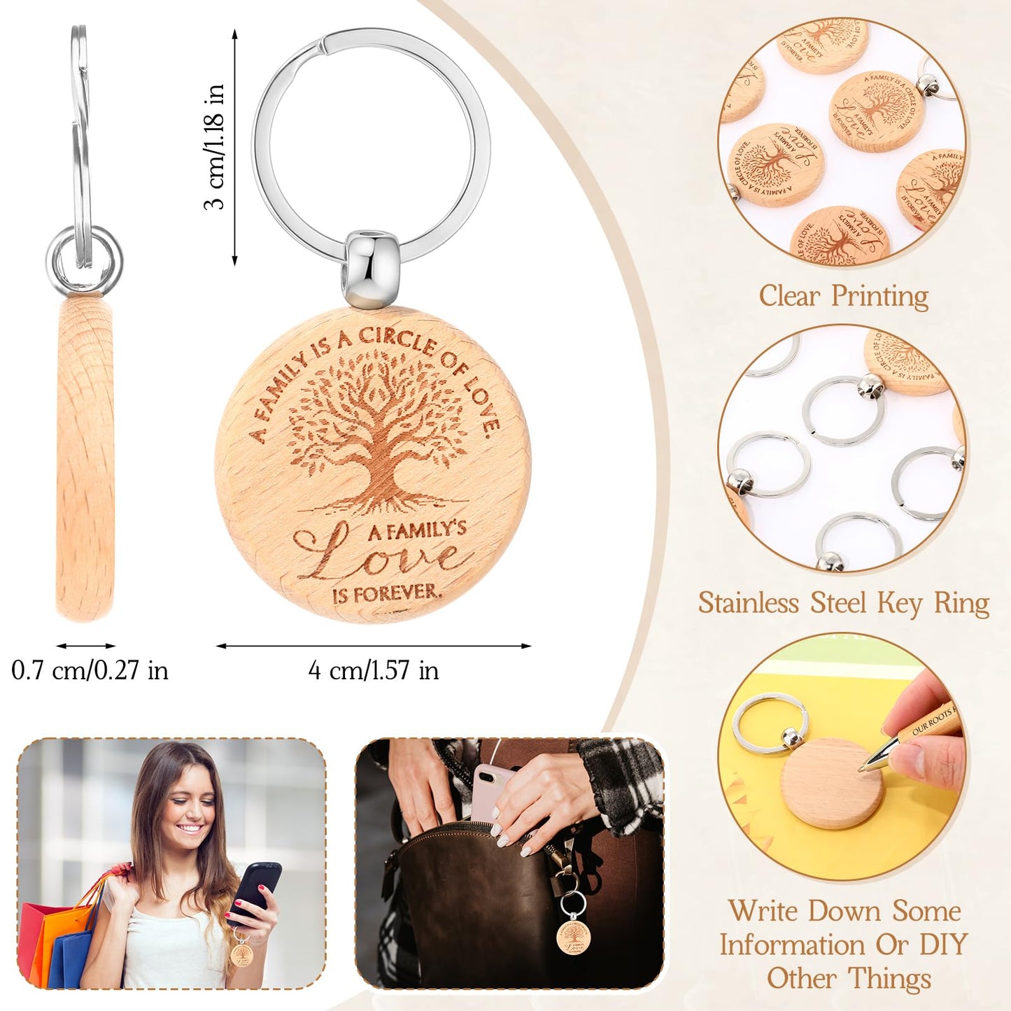 Dunzoom 120 Pcs Family Reunion Favors Wood Keychain Mini Notebook Notepads Ballpoint Pen with Organza Bag Gifts for Families