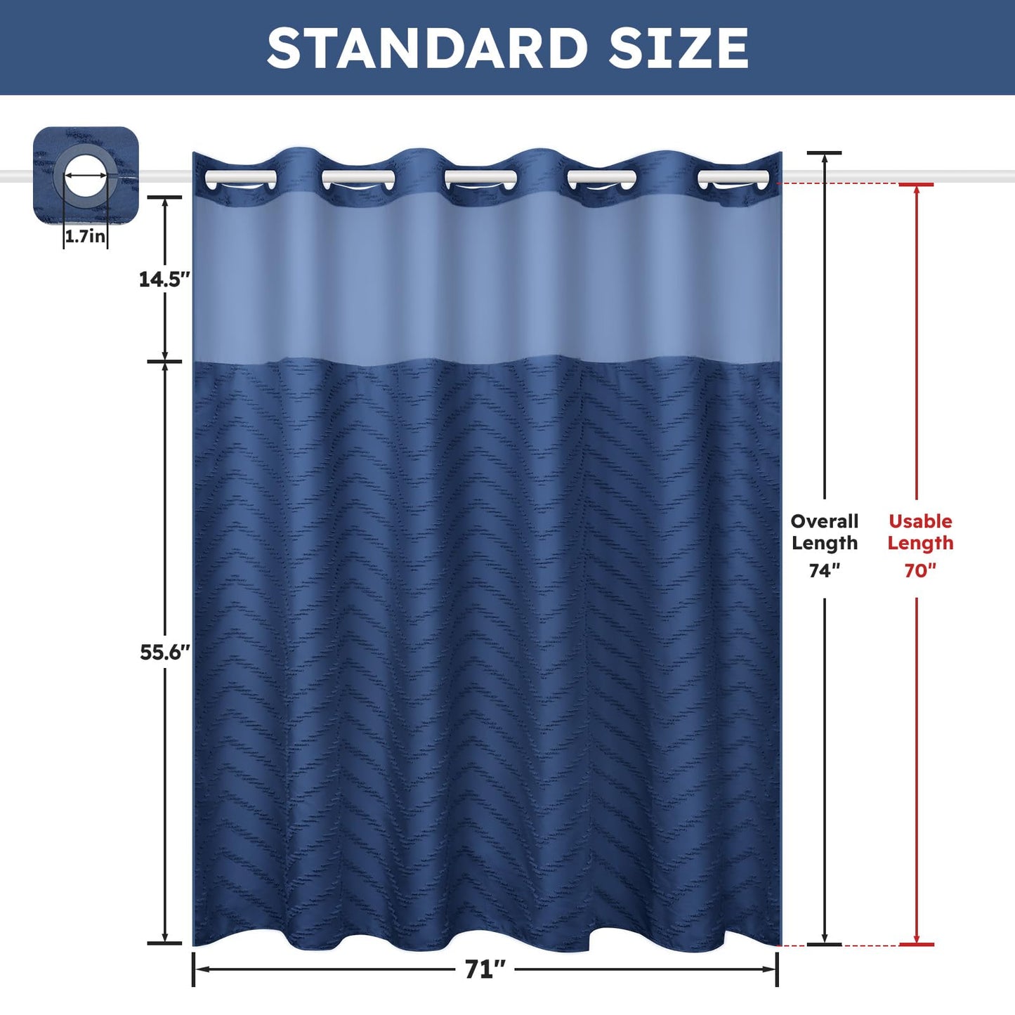 FADOTY No Hook Shower Curtain and Snap in Liner Set Navy Blue Tufted Chevron Striped Cloth Waterproof Washable Fabric Boho Bath Curtain with See Through Mesh Top Window for Bathroom Hotel 71" x 74"