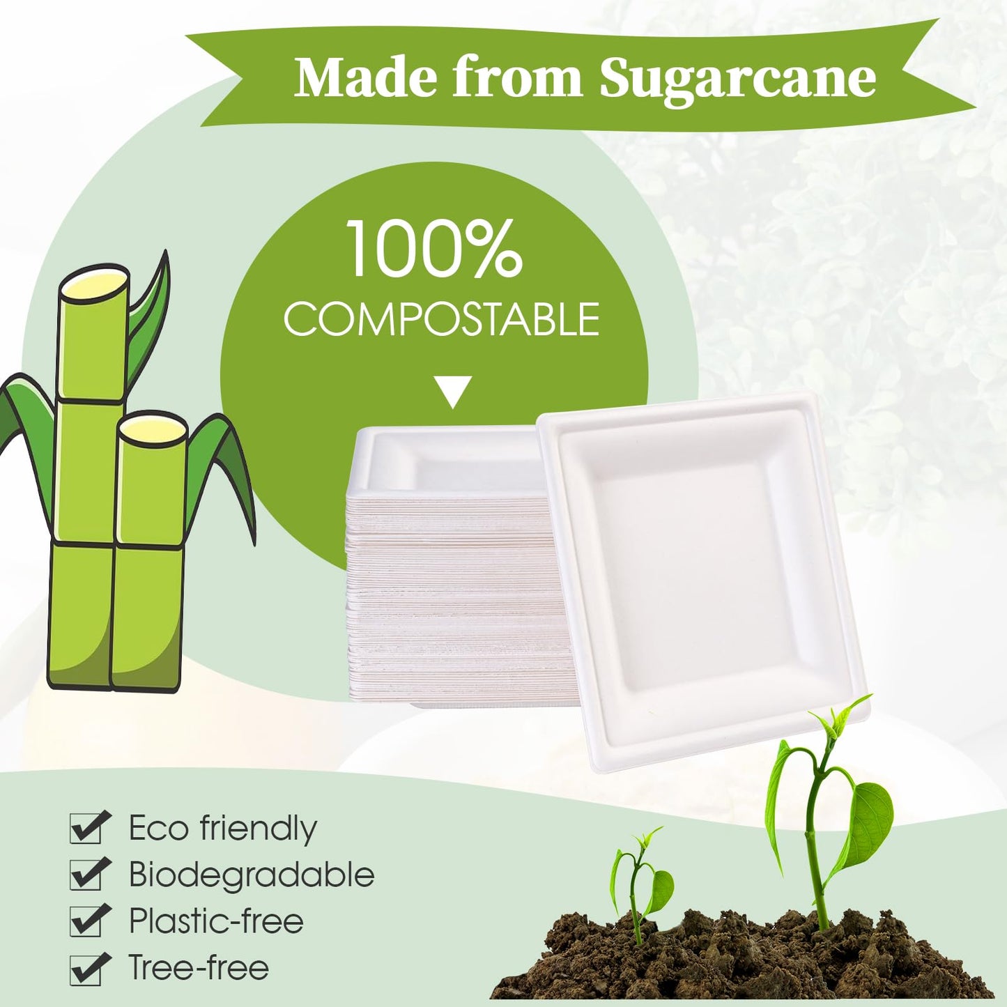 ECOLipak 7.85 Inch Compostable Square Paper Plates, 300 Count Heavy Duty Paper Plates, Eco Friendly Disposable Sugarcane for Party, Daily