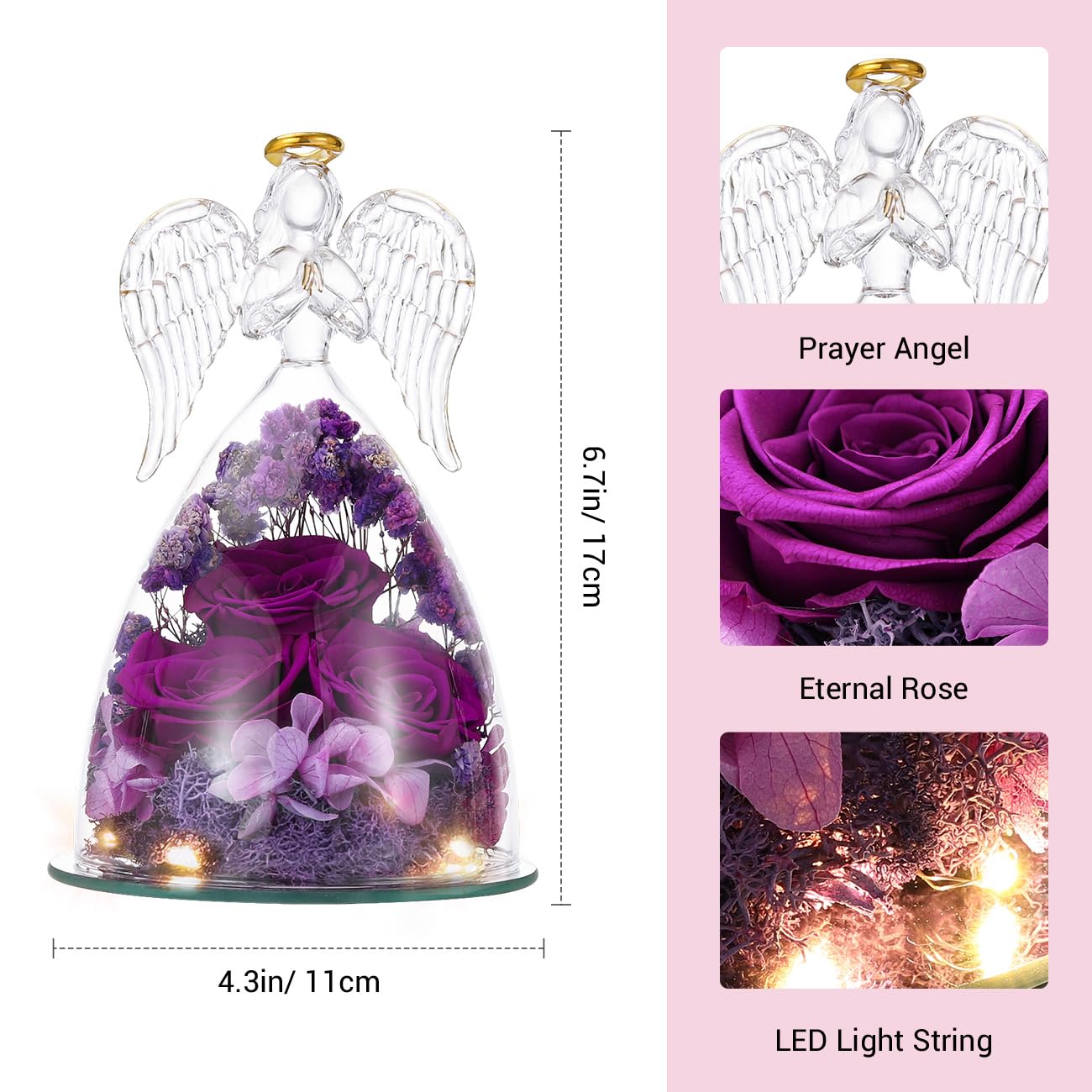 Emibele Mother's Day Angel Rose Gifts for Mom Grandma, Preserved Real Rose in Glass Angel Figurines, Eternal Flower Rose Gifts for Women on Birthday Valentines Anniversary Thanksgiving, Purple