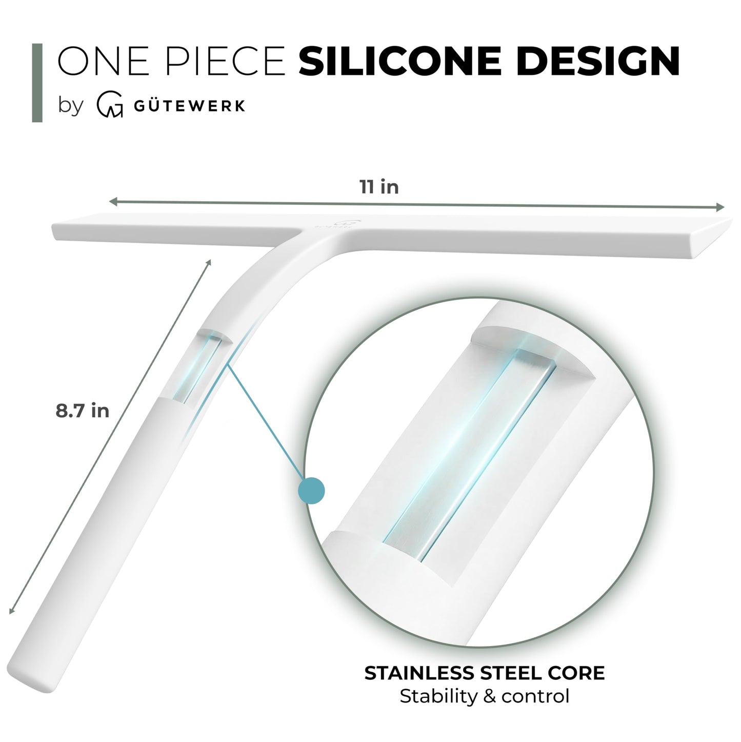 GÜTEWERK Silicone Shower Squeegee for Glass Doors & Mirrors with Stainless Steel Core, Streak-Free & No-Squeak Window Cleaning, 3-in-1 No-Drill Mount (Hook/Suction/Adhesive),White, 11 Inches