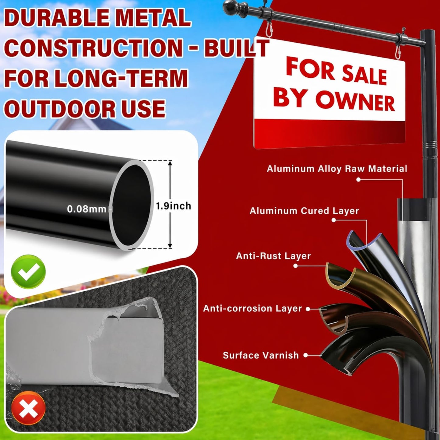 Real Estate Sign Post For Outside - Heavy Duty Metal Yard Sign Stand Pole with Anti-Tip Anchor,7ft Adjustable,Wind-Responsive Clips, Fits 18"X24" To 26" Frame For Sale,Address,Open House-Black