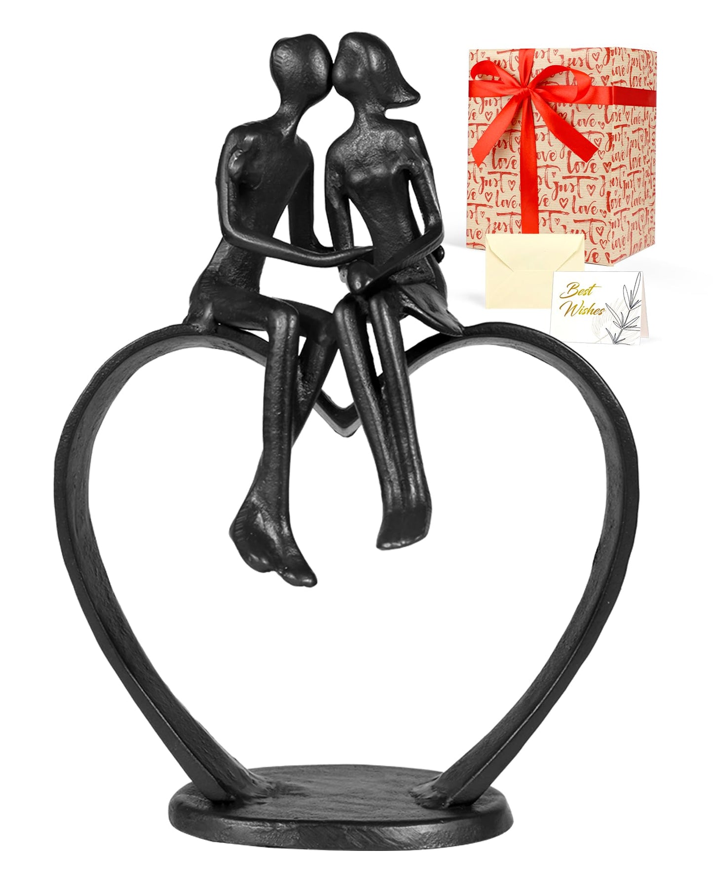 Kresecioo Gifts for Wife, Kissing Couple & Loving Heart Statue Cast Iron Sculpture Decor, Wedding Anniversary Birthday Gifts for Wife Women Girlfriend Her, Wedding Anniversary for Couples