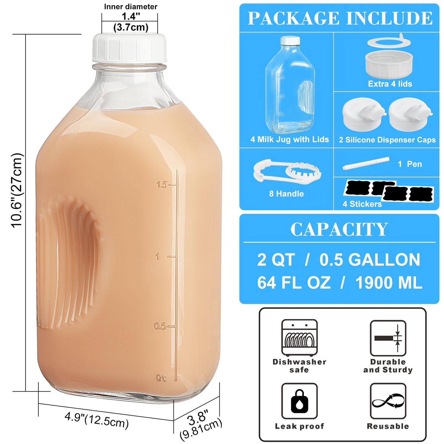 Syntic 4 Pack 2 Qt Glass Milk Bottles with Handle and Airtight Reusable Screw Lids, 1/2 Gal Glass Water & Juice Bottles with 2 Pour Spouts, 64 Oz Milk Jug Pitcher w Scale
