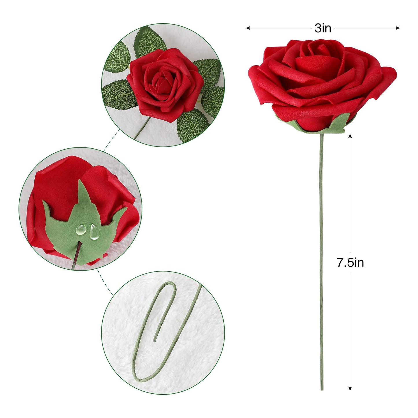 AmyHomie Artificial Flower Dark Red Rose 100pcs Real Looking Fake Roses w/Stem for DIY Wedding Bouquets Centerpieces Arrangements Party Baby Shower Valentines Day Christmas Tree Decorations