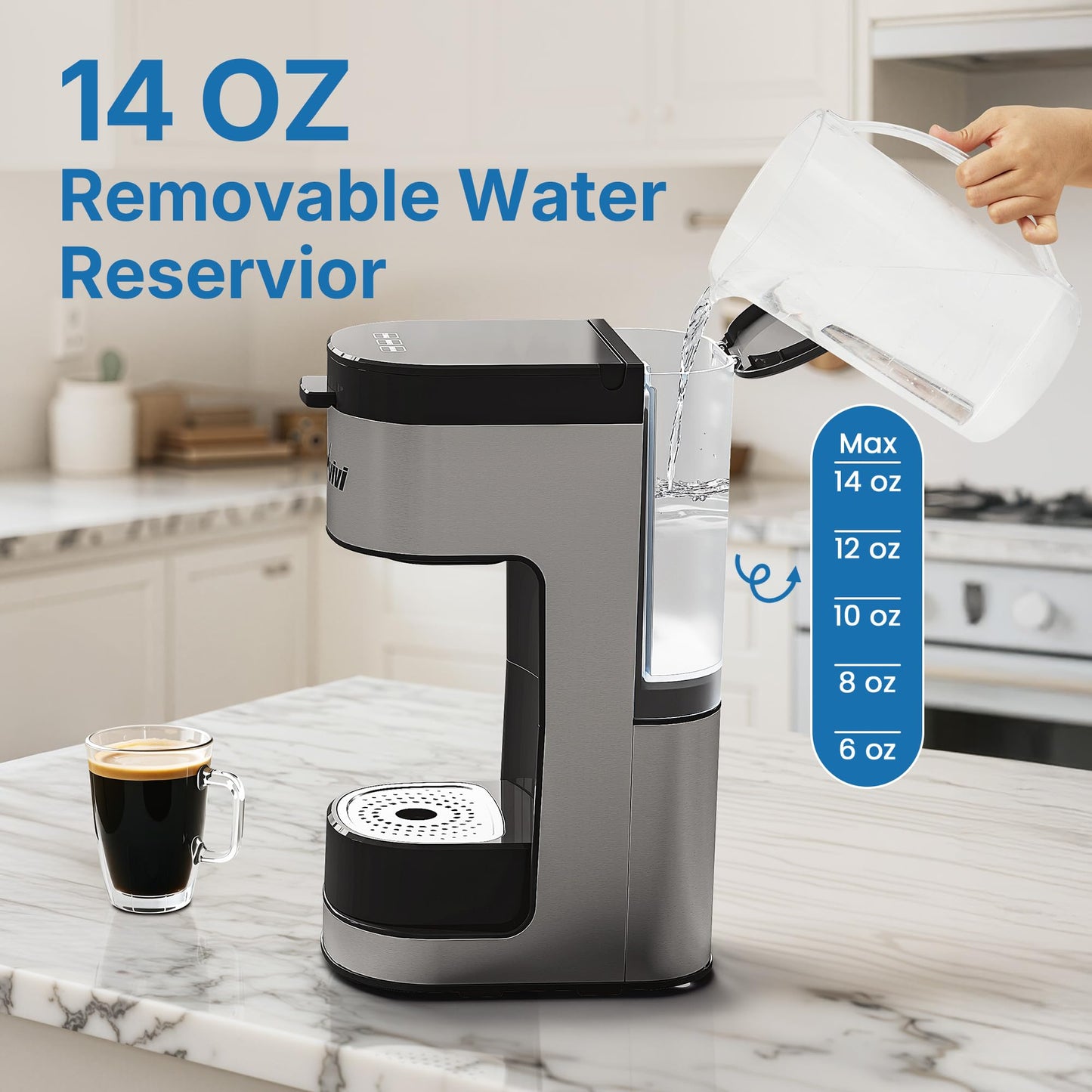 SUNVIVIPRO Single Serve Coffee Machine Brewer: 3-in-1 Iced Coffee Maker for K Pod Pods, Ground Coffee, and Teas with Removable Water Reservoir 6 to 14oz, 2 Cup Trays, Self-Cleaning Function, Black